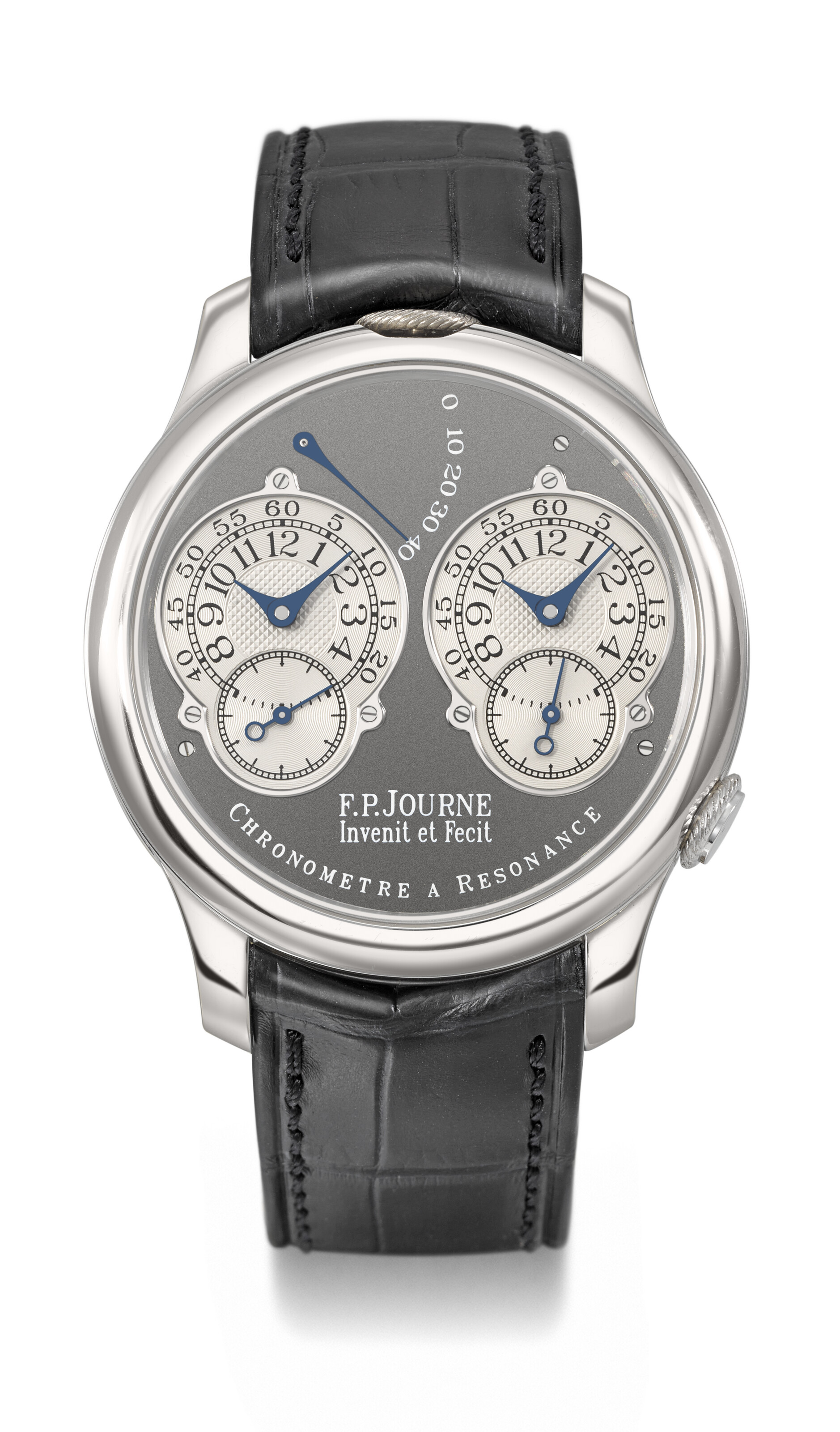F.P. Journe. An important platinum limited-edition dual-time chronometer wristwatch. Chronometre a Resonance Ruthenium model, no. 92/99-01R, circa 2004, offered in Rare Watches Including the Property of Michael Schumacher on 13 May 2024 at Christie's in Geneva