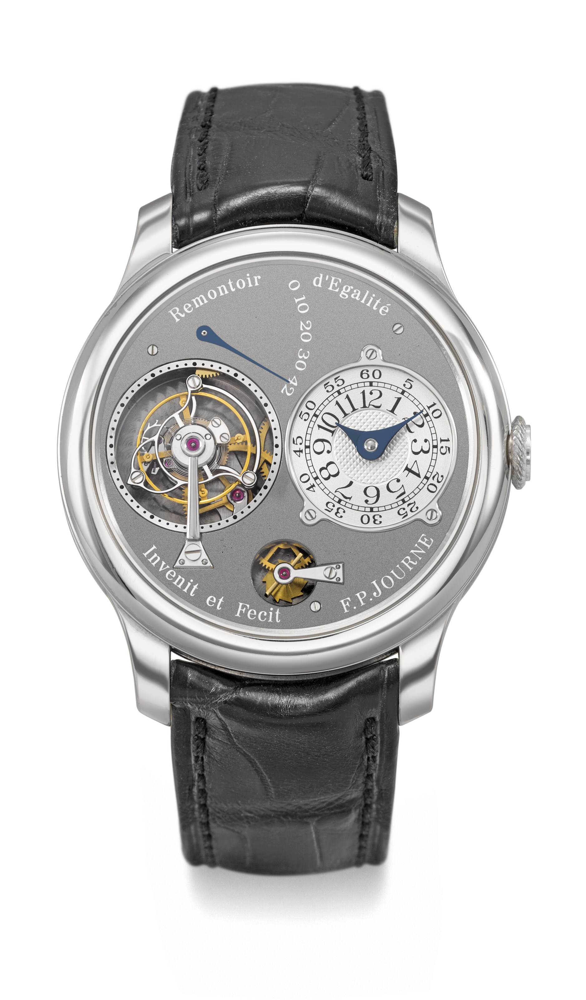 F.P. Journe. An important platinum limited-edition tourbillon wristwatch. Tourbillon Souverain Remontoir d'Egalite Ruthenium model, no. 92/99-01T, circa 2004, offered in Rare Watches Including the Property of Michael Schumacher on 13 May 2024 at Christie's in Geneva