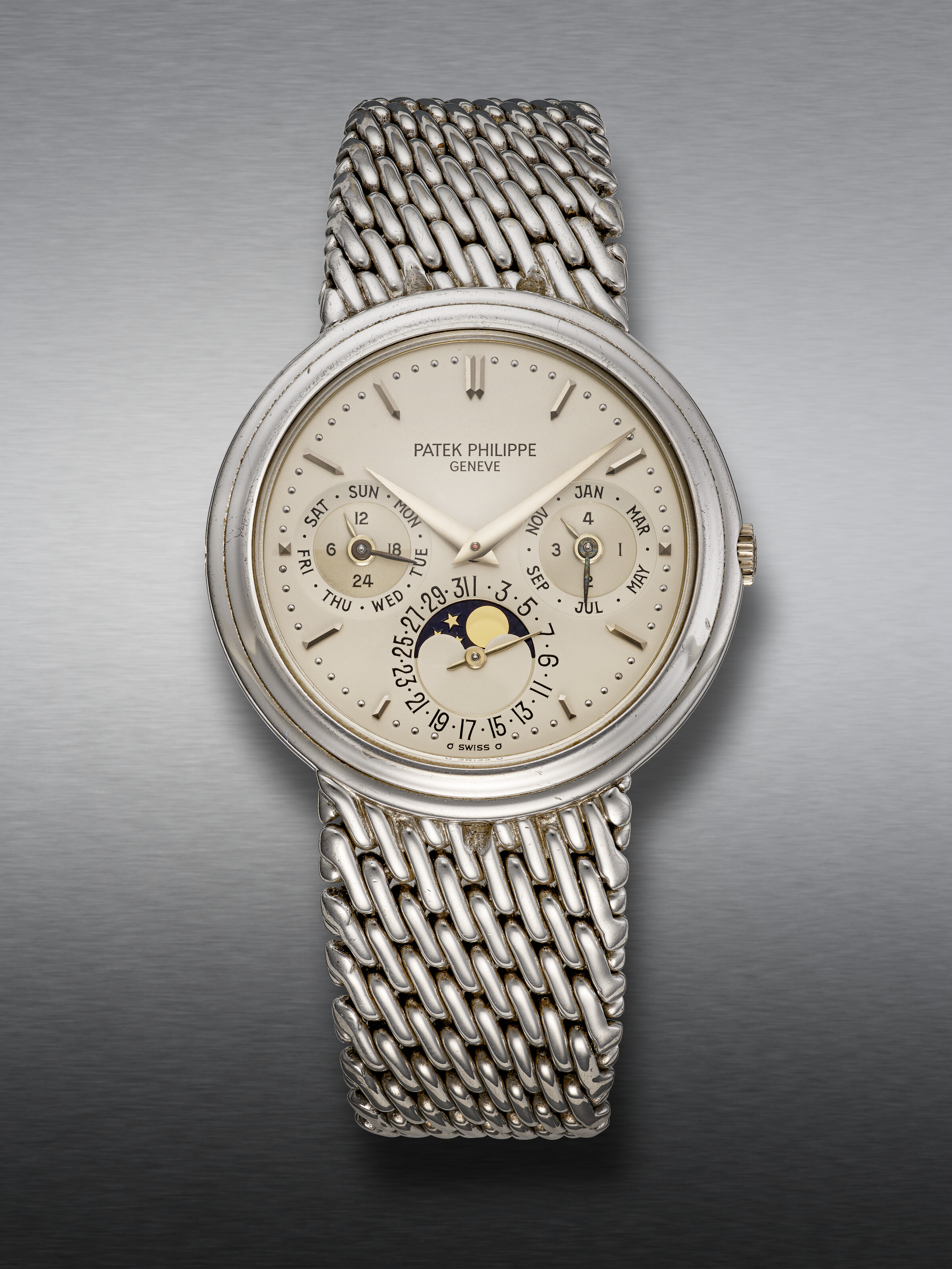 PATEK PHILIPPE, EXTREMELY RARE WHITE GOLD PERPETUAL CALENDAR WRISTWATCH