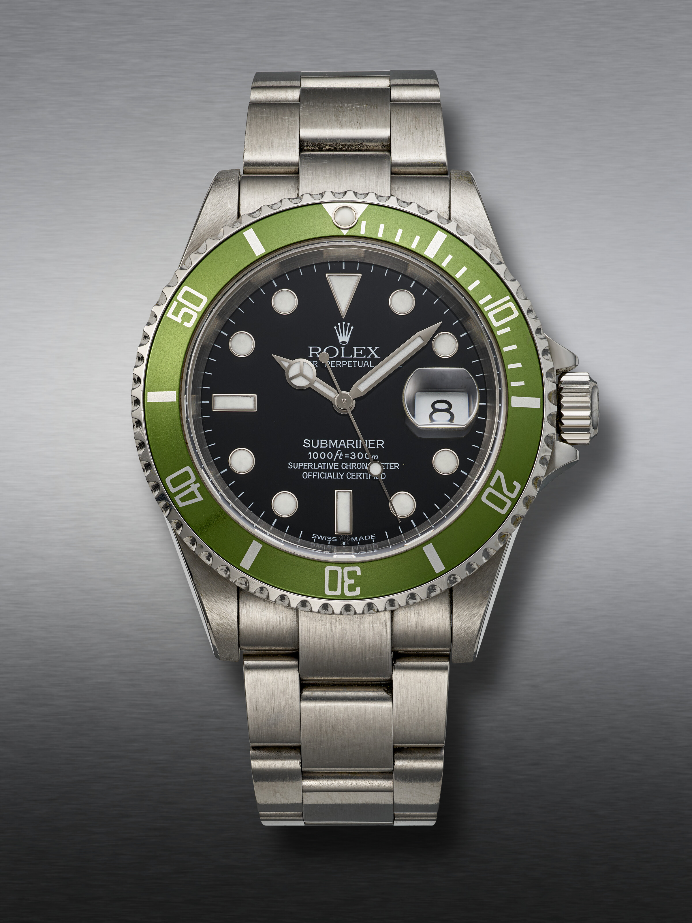 ROLEX STAINLESS STEEL SUBMARINER SO CALLED KERMIT FLAT FOUR REF. 16610 T Christie s