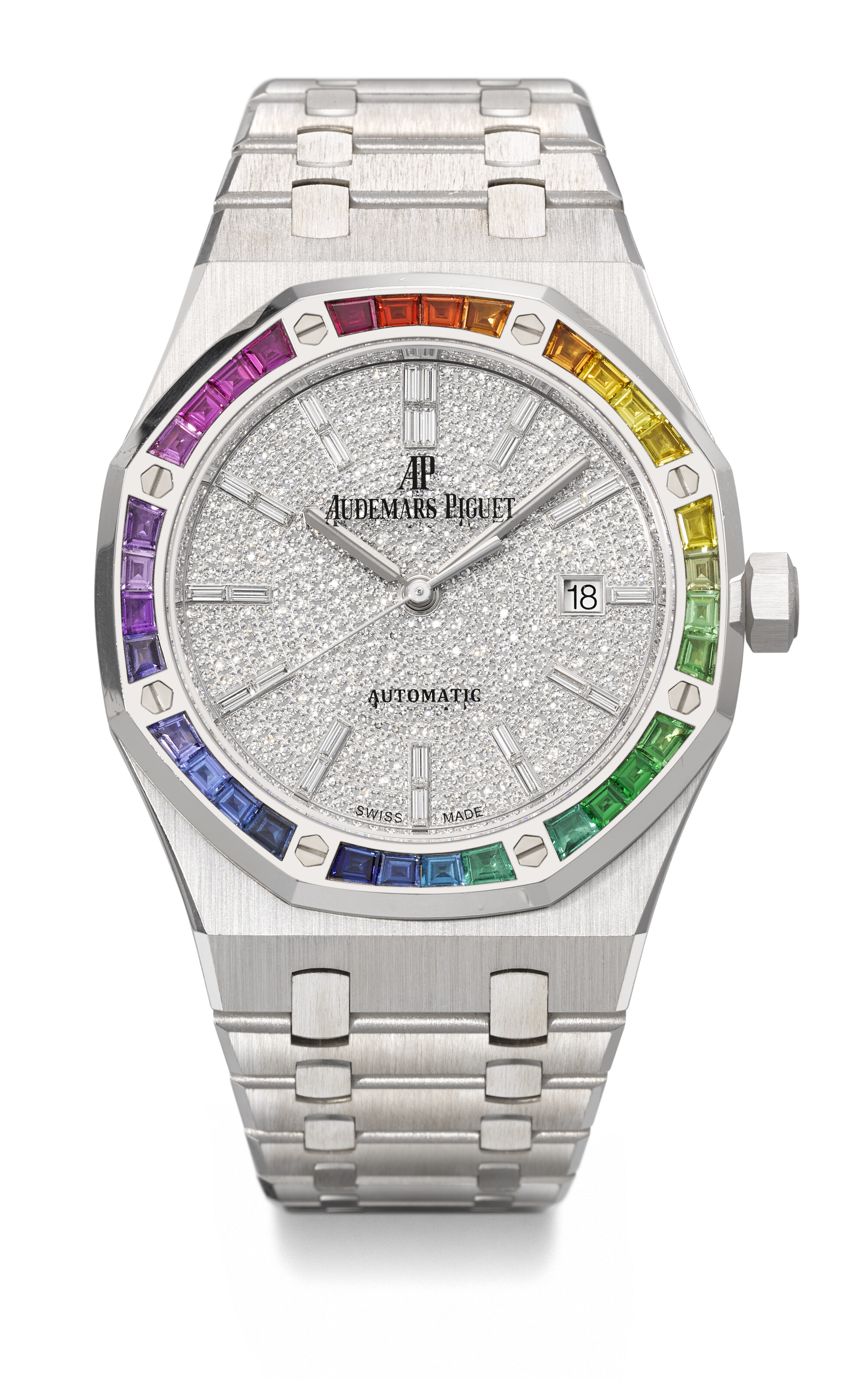 Audemars Piguet. An extremely rare and magnificent 18k white gold, diamond and multi-coloured sapphire-set automatic wristwatch with sweep centre seconds, date and bracelet, Royal Oak Rainbow model, ref. 15413BC, circa 2022, offered in Rare Watches Including Watches for ELA on 11 November 2024 at Christie's in Geneva