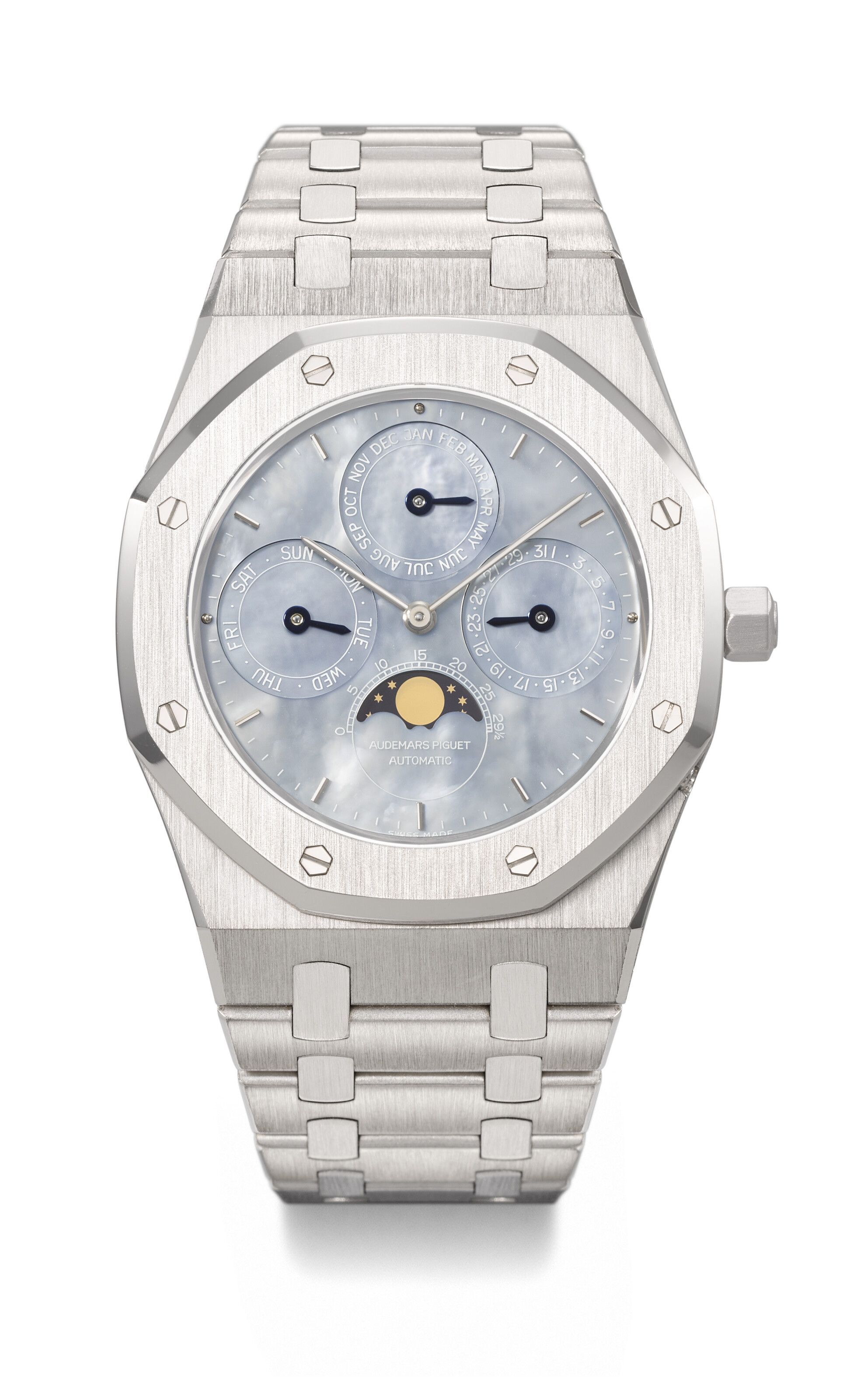 Audemars Piguet. An extremely rare and mesmerising platinum automatic perpetual calendar wristwatch with moon phases, mother-of-pearl dial and bracelet, Royal Oak Quantieme Perpetuel model, ref. 25686PT, no. 035, circa 1991, offered in Rare Watches Including Watches for ELA on 11 November 2024 at Christie's in Geneva