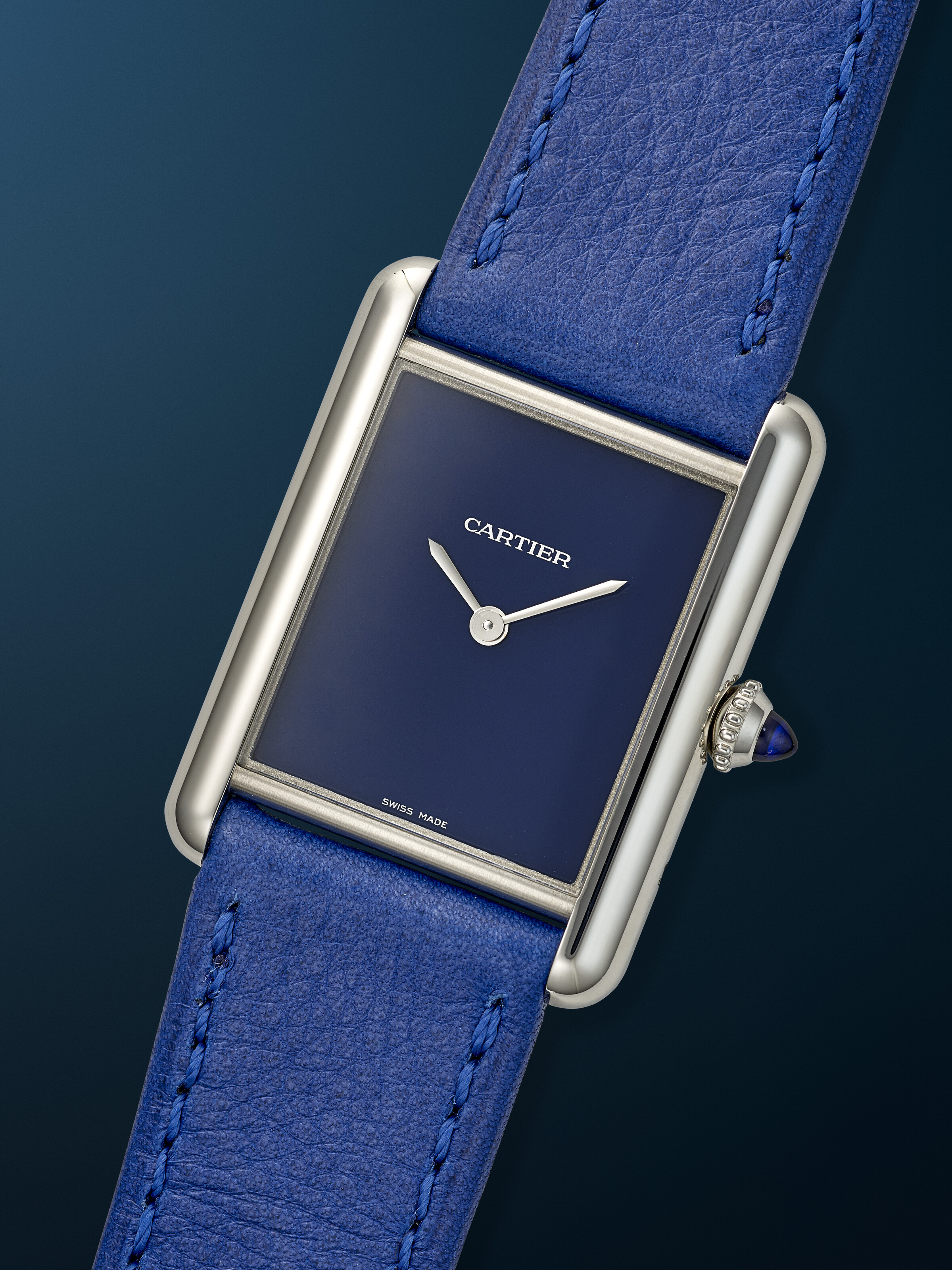 CARTIER, STAINLESS STEEL QUARTZ 'TANK MUST', WITH BLUE DIAL