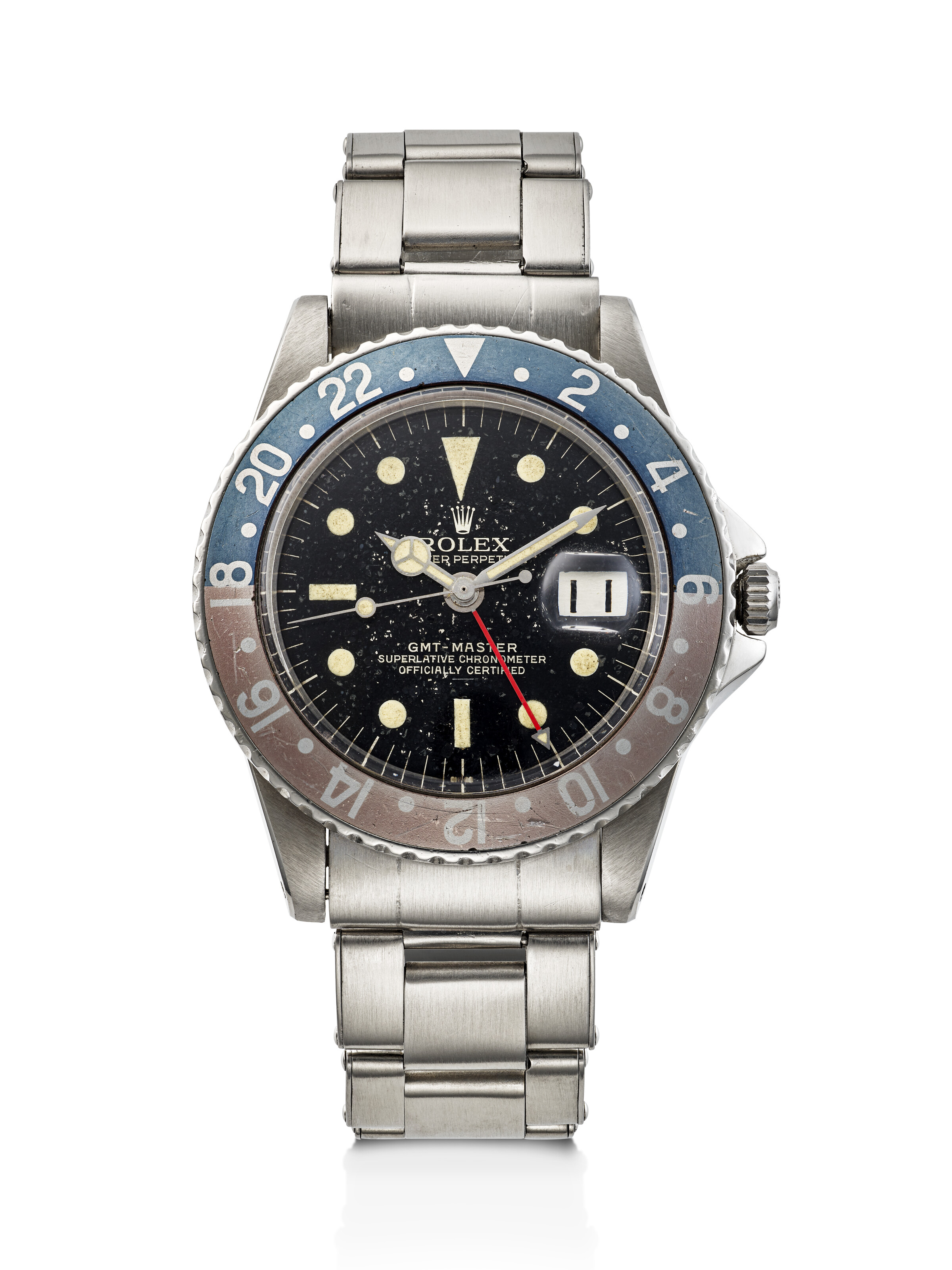 ROLEX STAINLESS STEEL DUAL TIME GMT MASTER CORNINO WITH GILT UNDERLINE DIAL REF. 1675 SERIAL NO 87X 066 Christie s