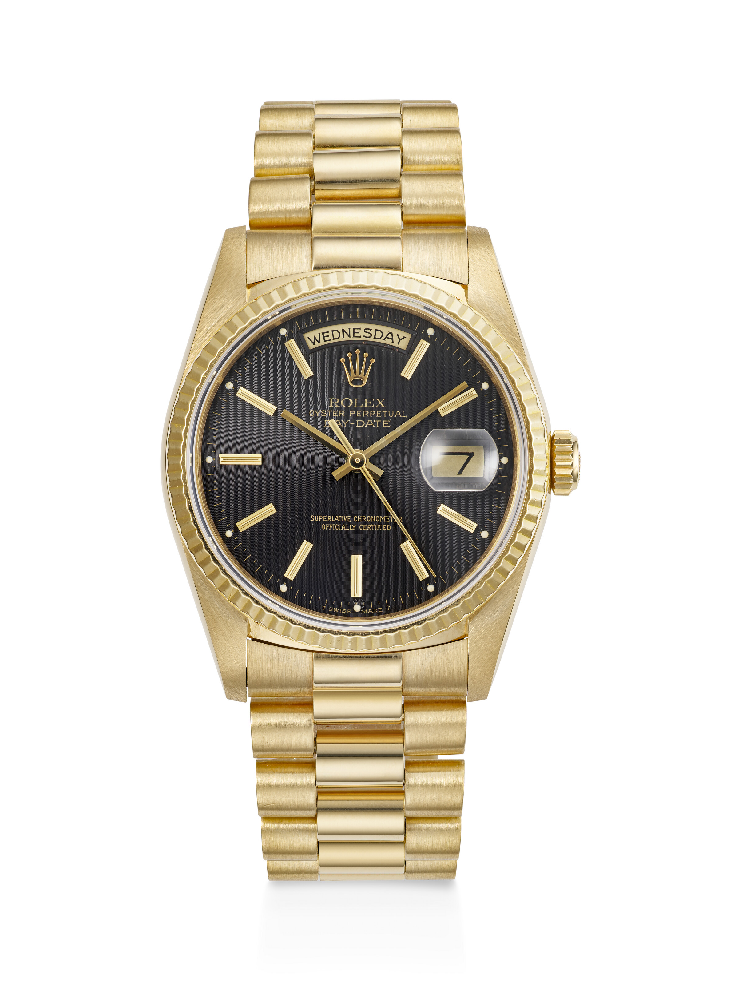 ROLEX, YELLOW GOLD 'DAY-DATE', WITH BLACK TAPESTRY DIAL, REF. 18238 ...