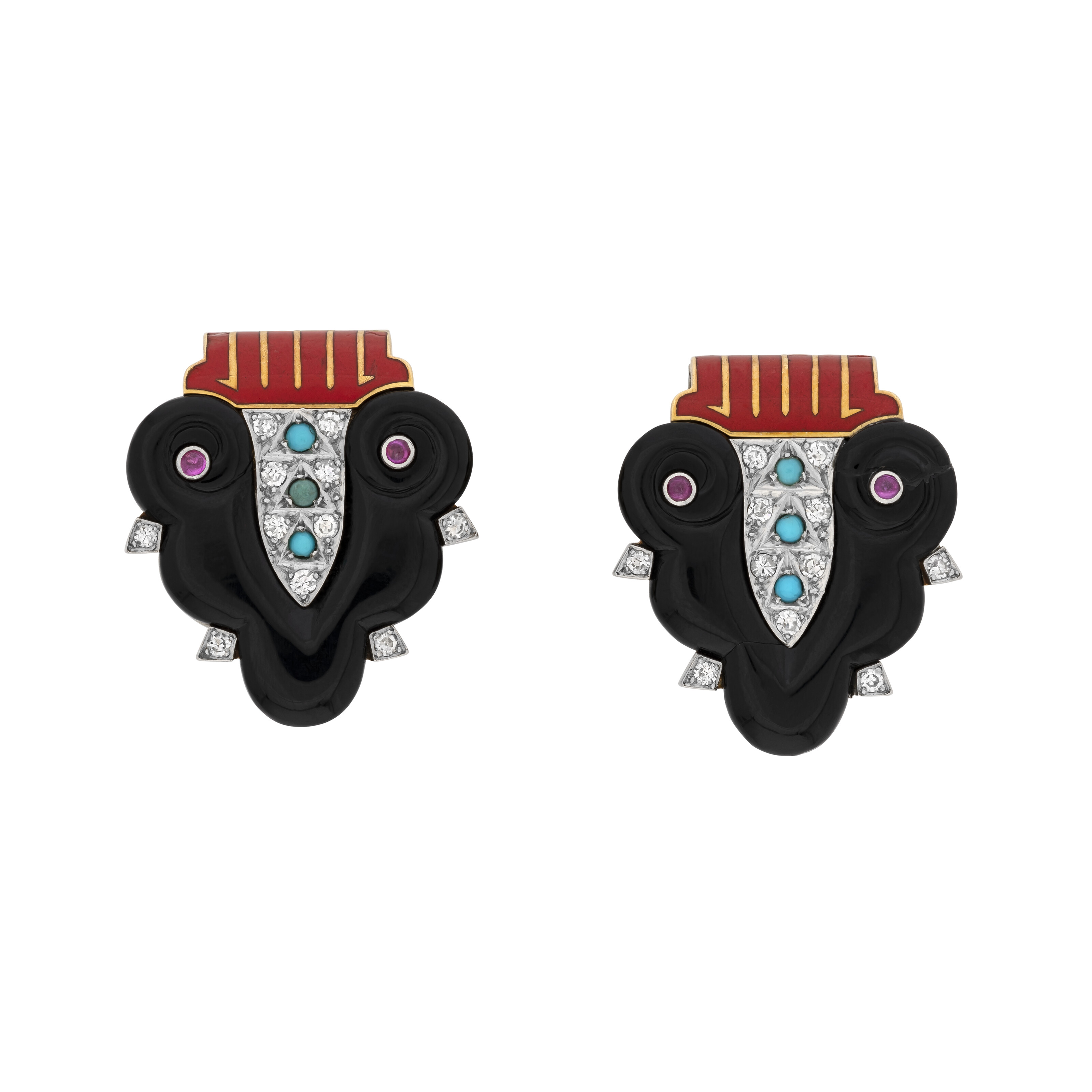 CARTIER PAIR OF ART DECO ENAMEL AND MULTI-GEM CLIP-BROOCHES