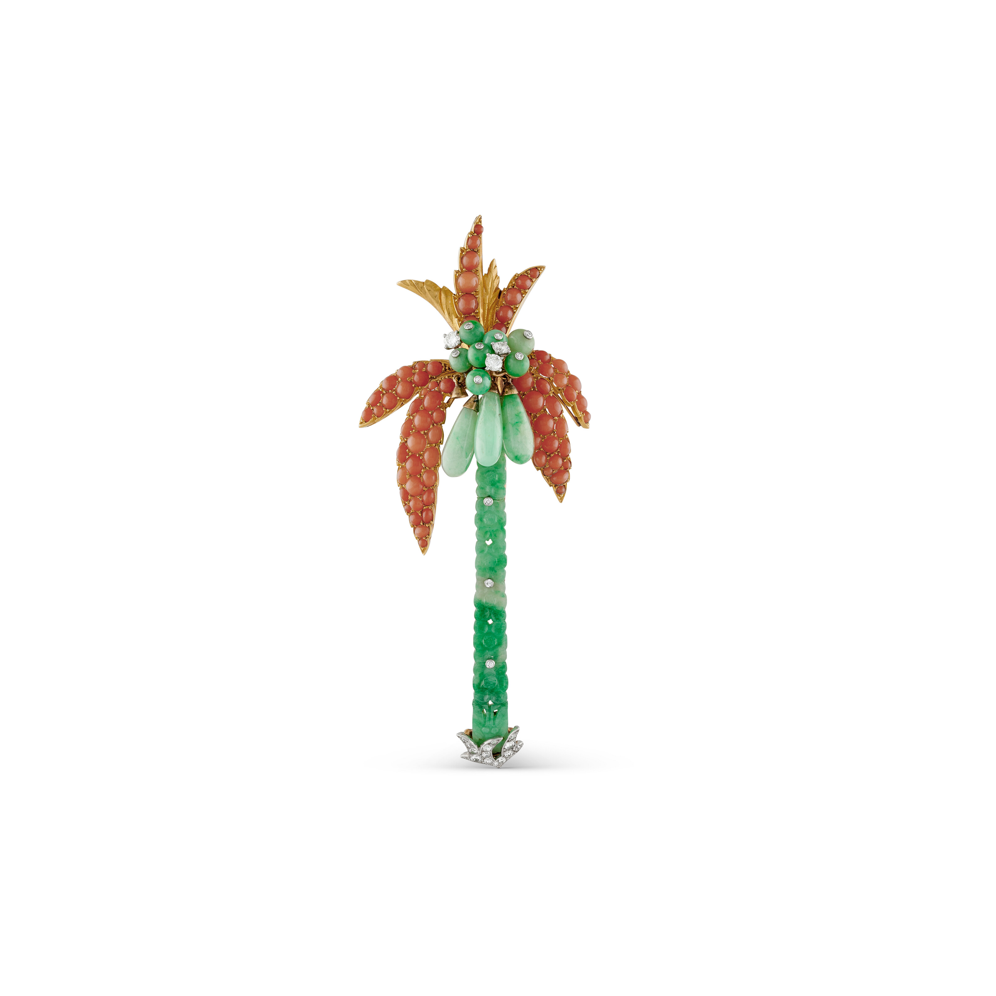 NO RESERVE | CARTIER JADE, CORAL AND DIAMOND PALM TREE CLIP-BROOCH
