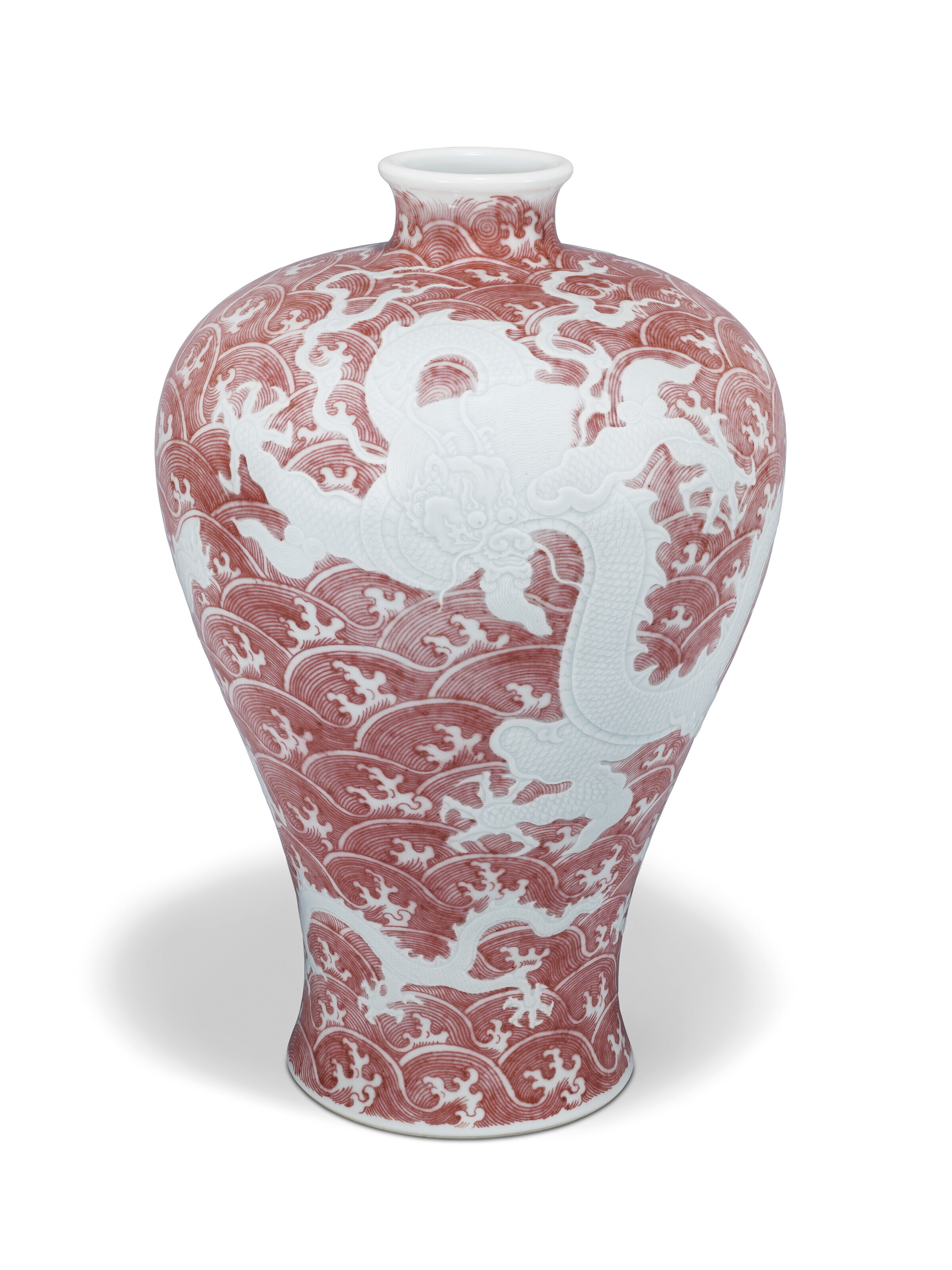 清雍正釉裏紅波濤錐拱蒼龍教子圖梅瓶雙圈六字楷書款, YONGZHENG SIX