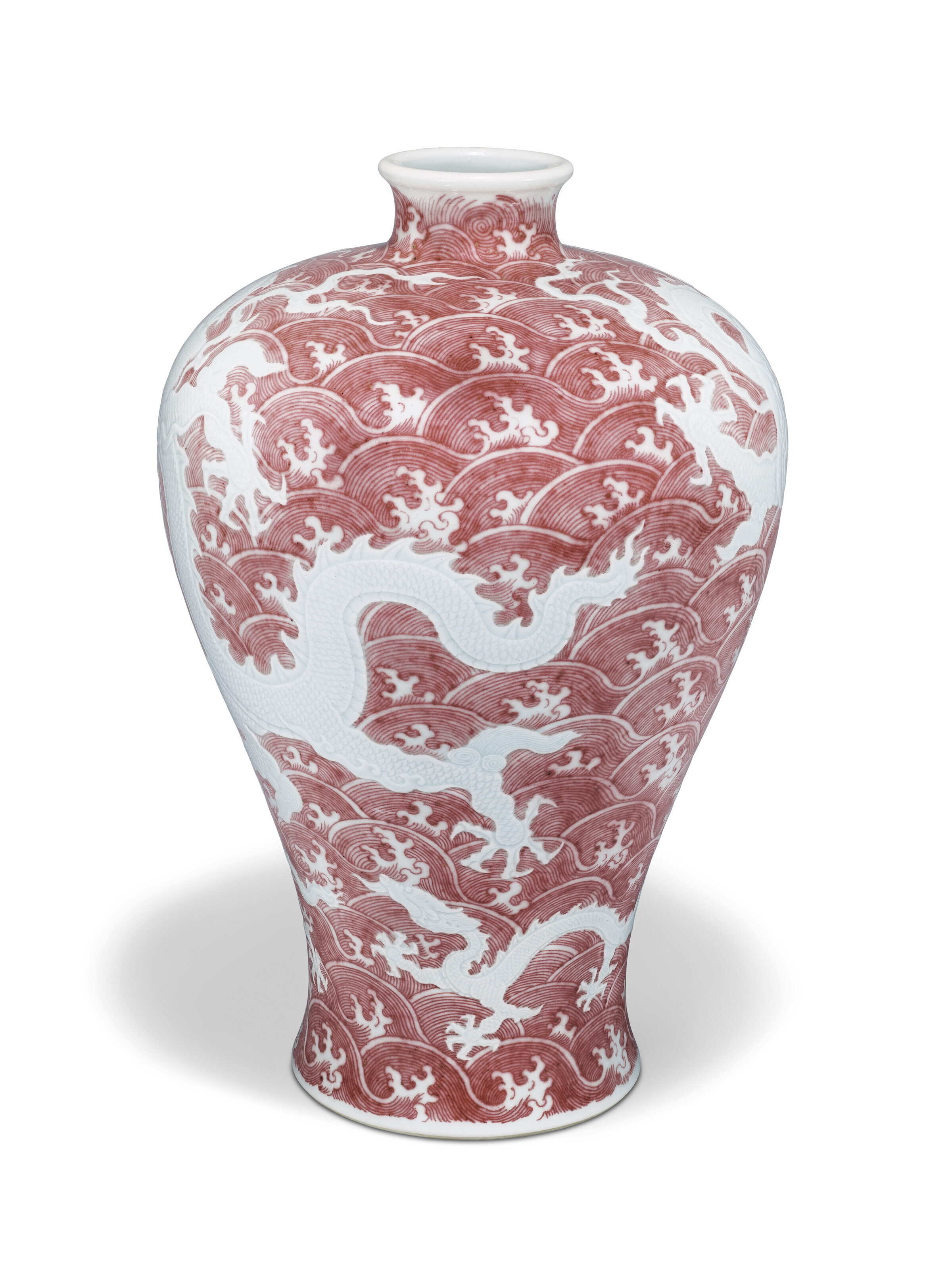 清代 大清雍正年製 陶磁器 礬紅臥龍紋 梅瓶染付