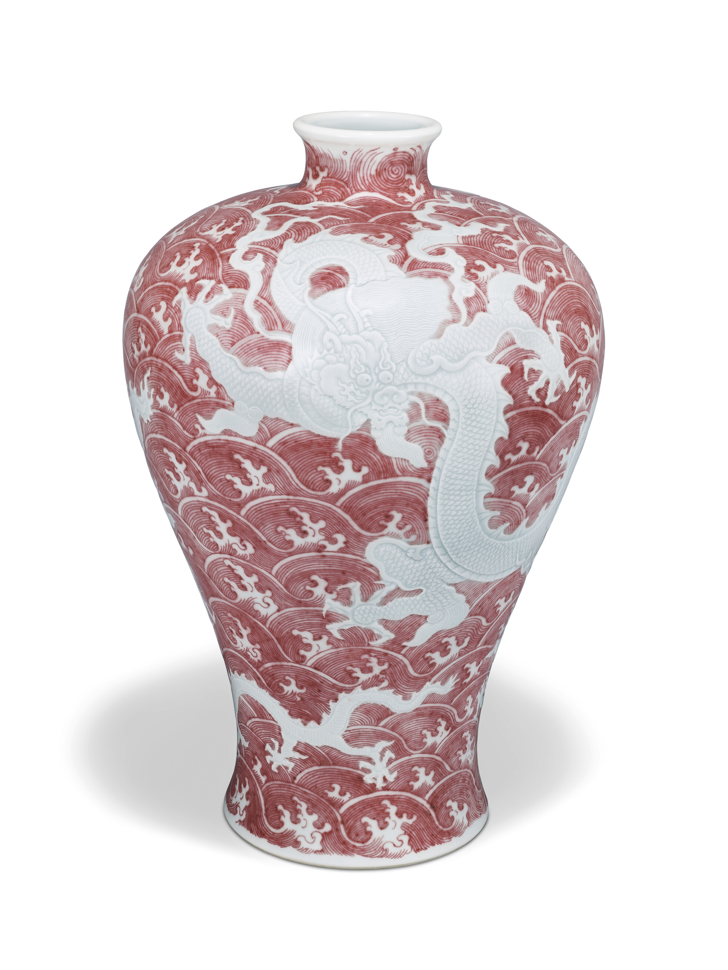 清雍正釉裏紅波濤錐拱蒼龍教子圖梅瓶雙圈六字楷書款, YONGZHENG SIX