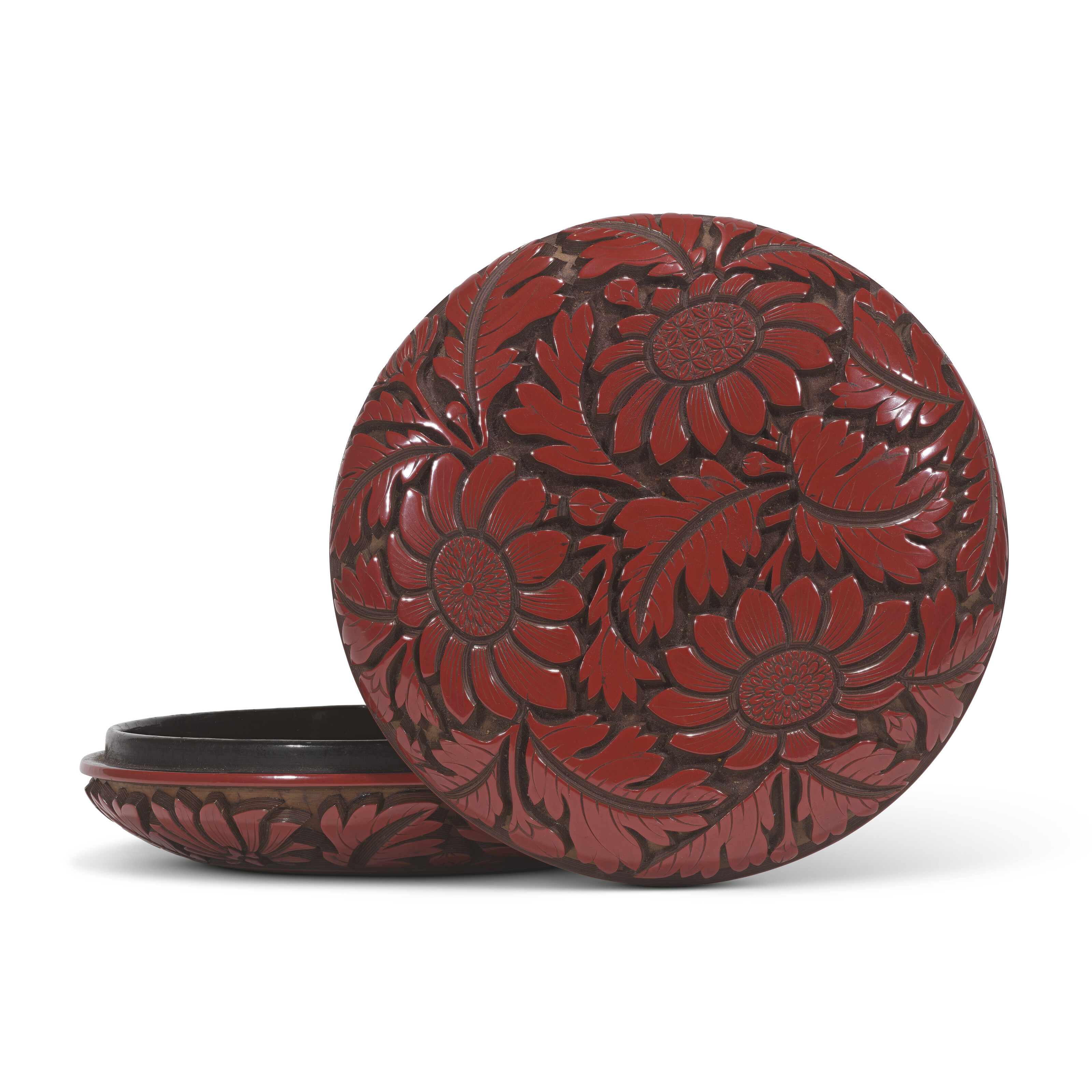 A RARE CARVED CINNABAR LACQUER 'LION' DISH, YUAN-EARLY MING