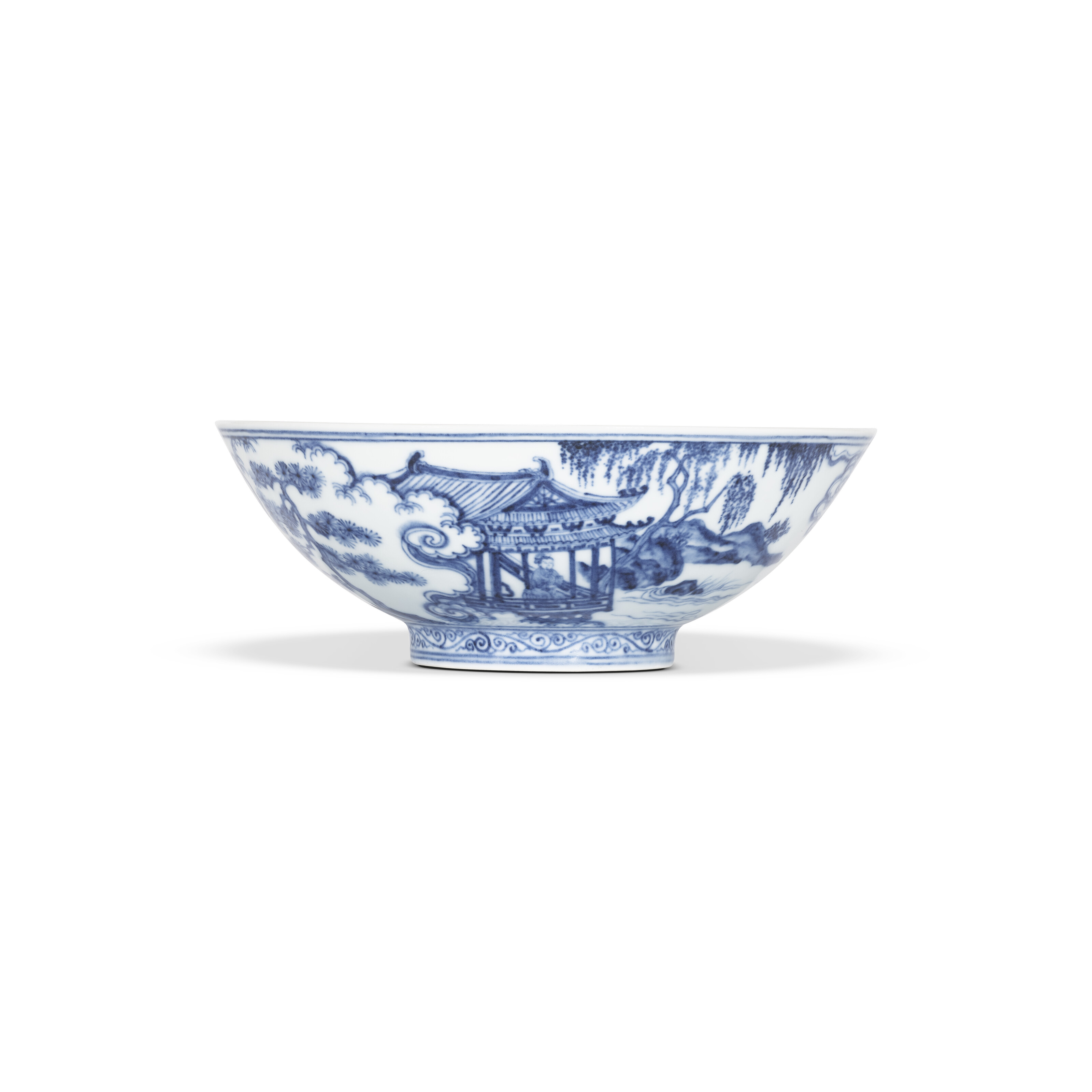 明宣德青花吹簫引鳳圖盌雙圈六字楷書款, XUANDE SIX-CHARACTER MARK IN