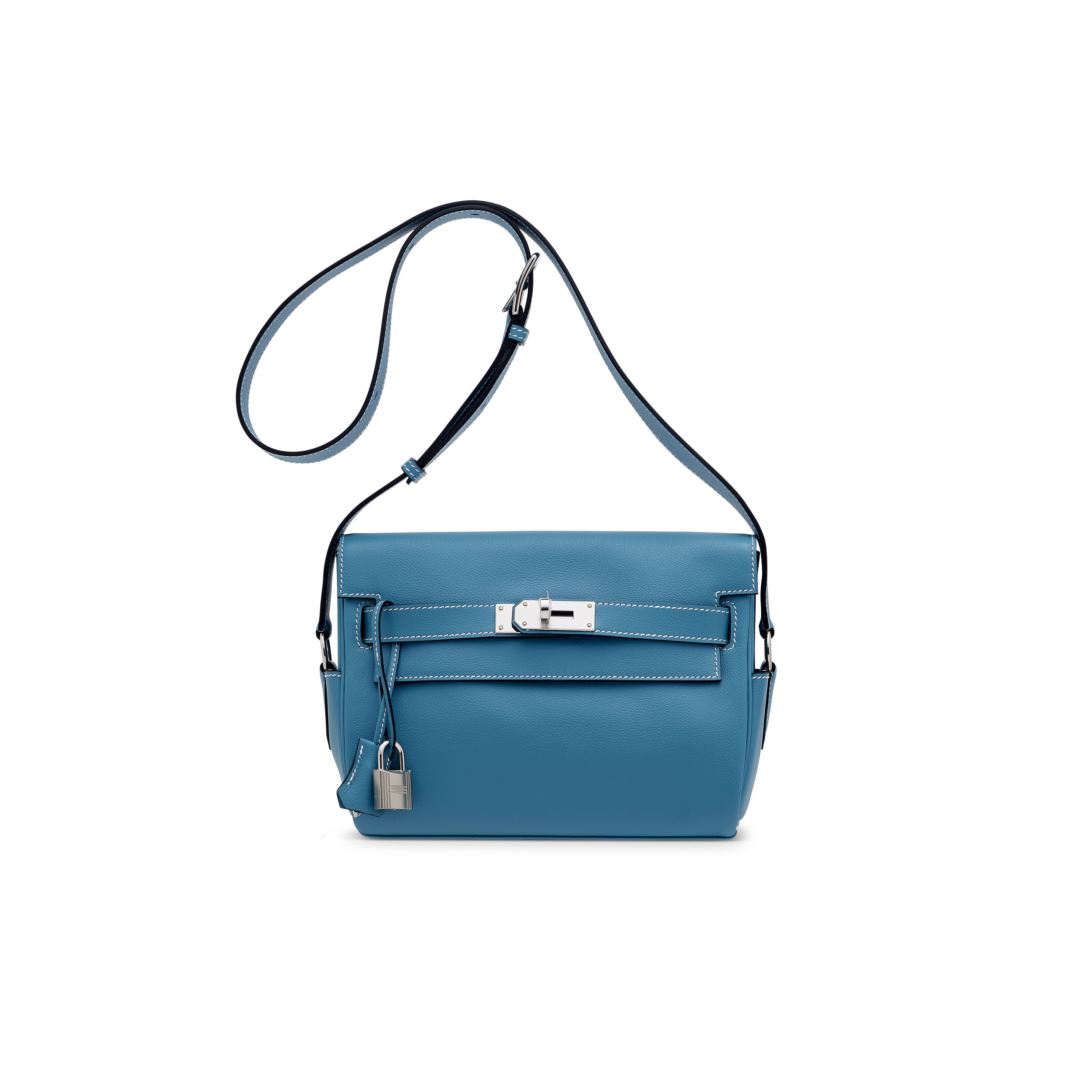 A NEW BLEU JEAN EVERCOLOR LEATHER KELLY MESSENGER WITH PALLADIUM