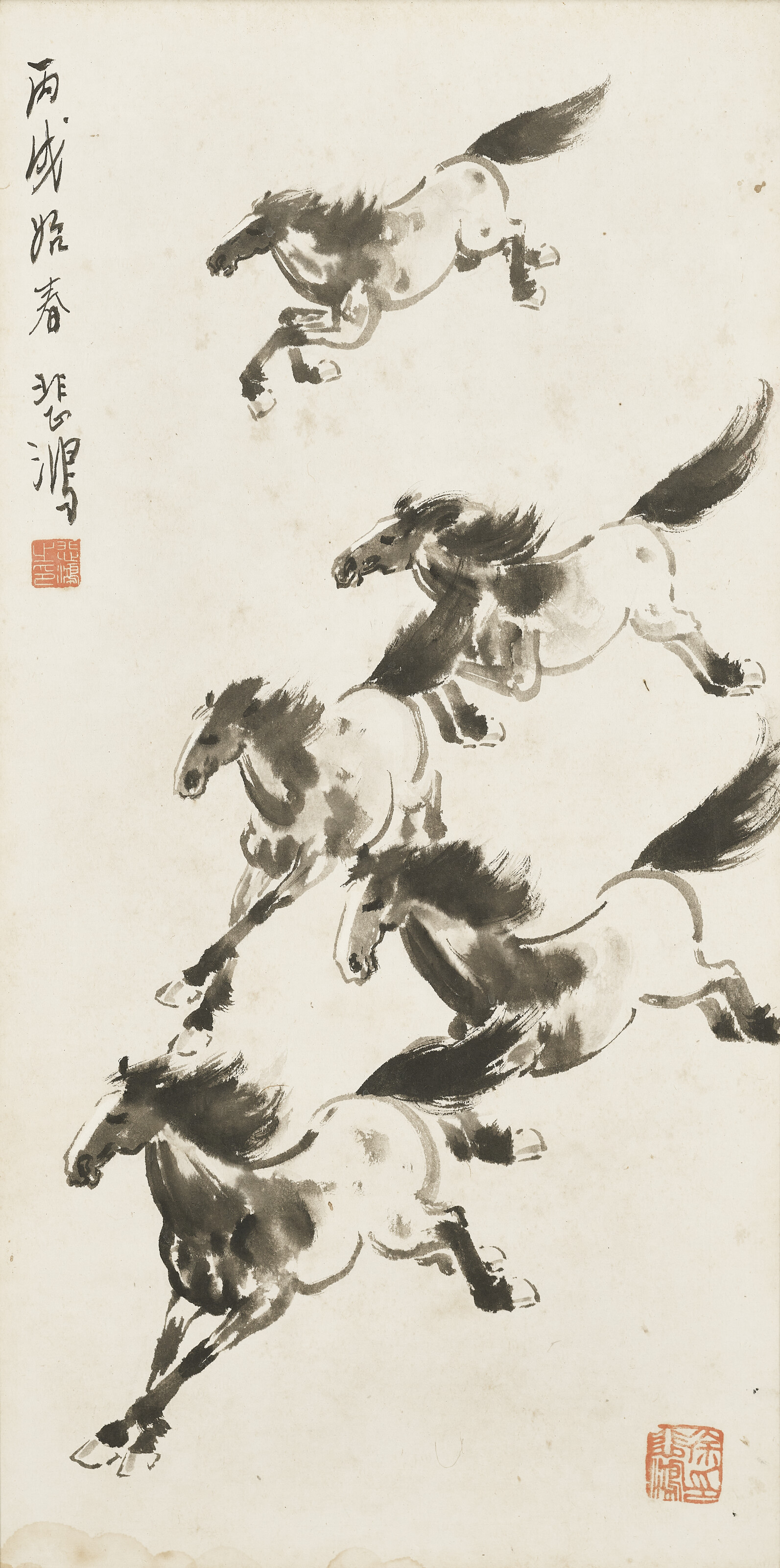 萬馬奔騰 　馬絵　肉筆絹本水墨画　民国　韓宗湘 徐悲鴻（1895-1953）, 萬馬奔騰| Christie's