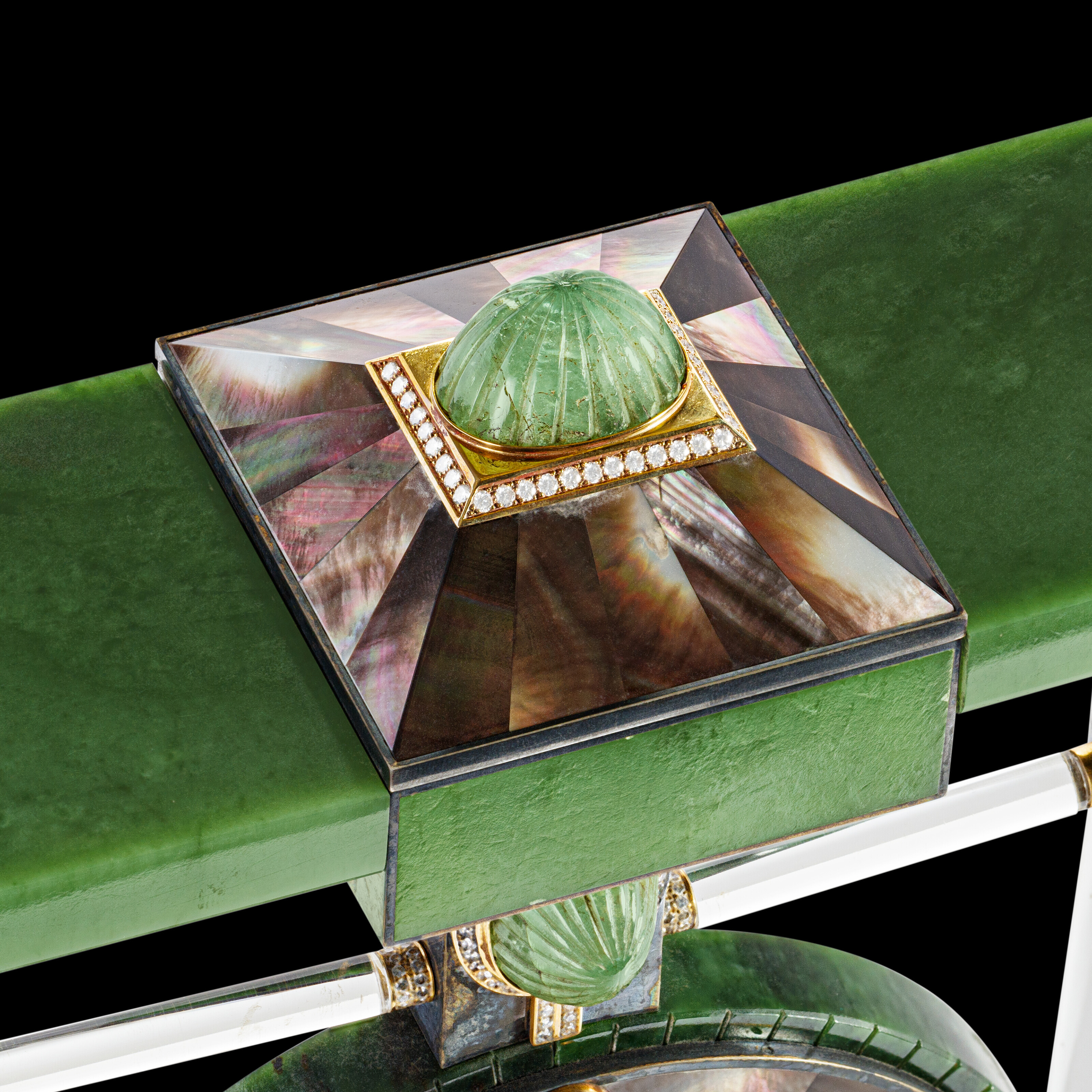 CARTIER. A MAGNIFICENT AND EXTREMELY RARE SILVER AND NEPHRITE-SET