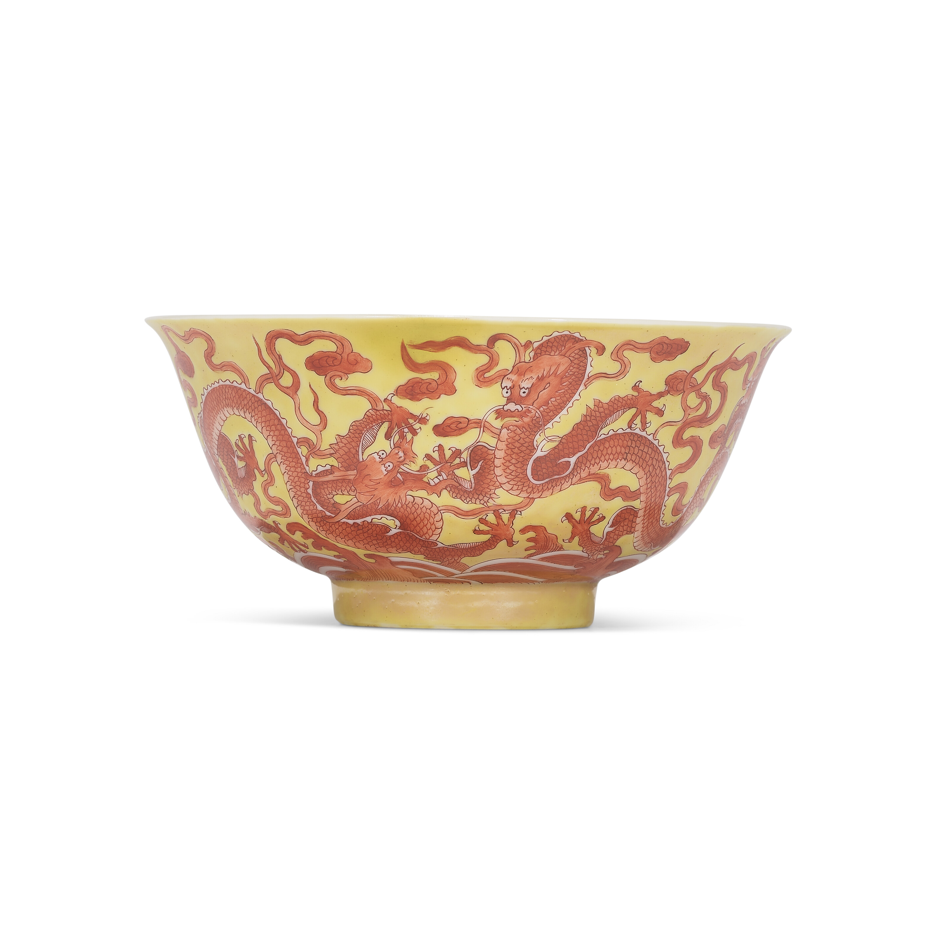 A YELLOW-GROUND AND IRON-RED 'DRAGON' BOWL, YONGZHENG SIX