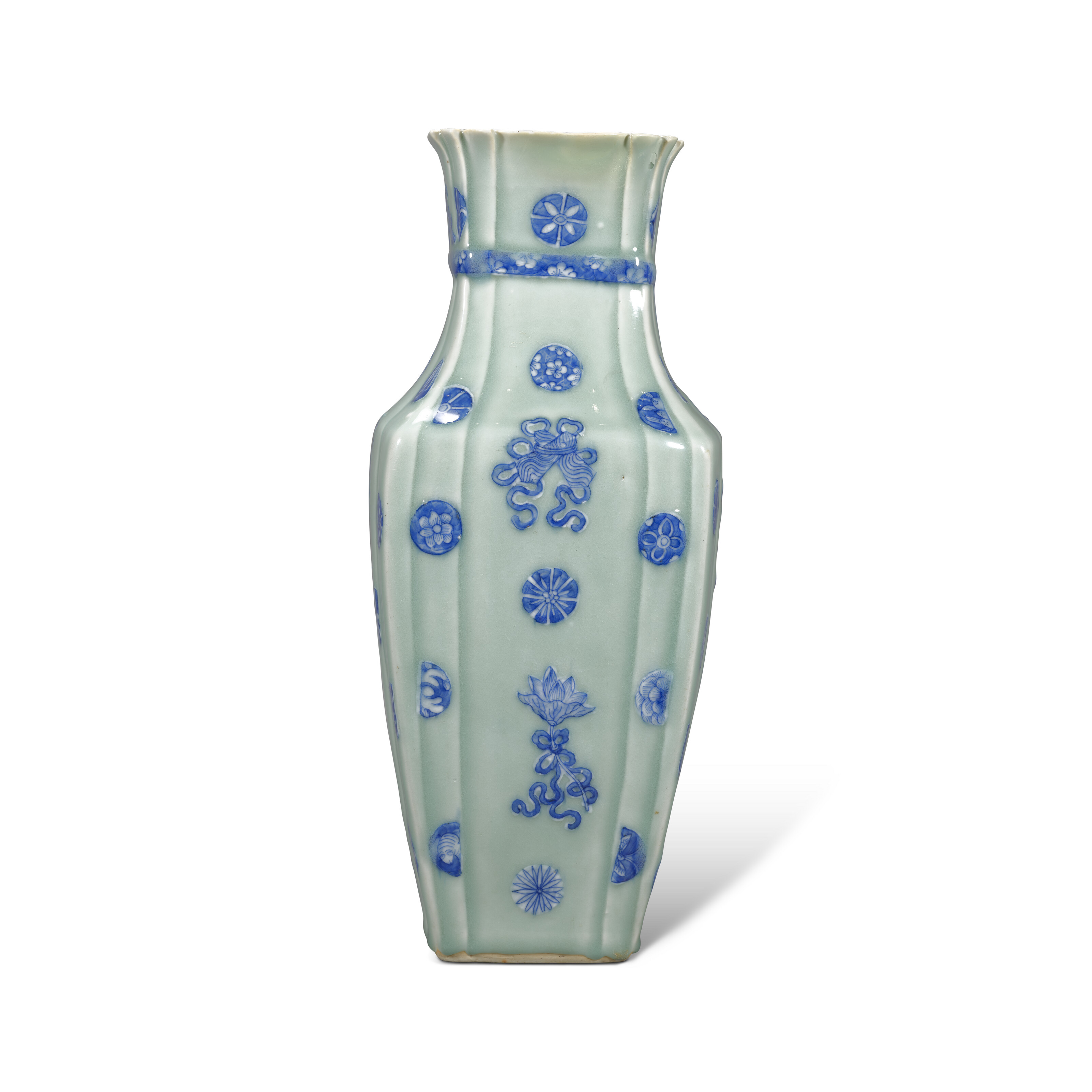 A CELADON-GROUND UNDERGLAZE-BLUE 'EIGHT DAOIST EMBLEMS