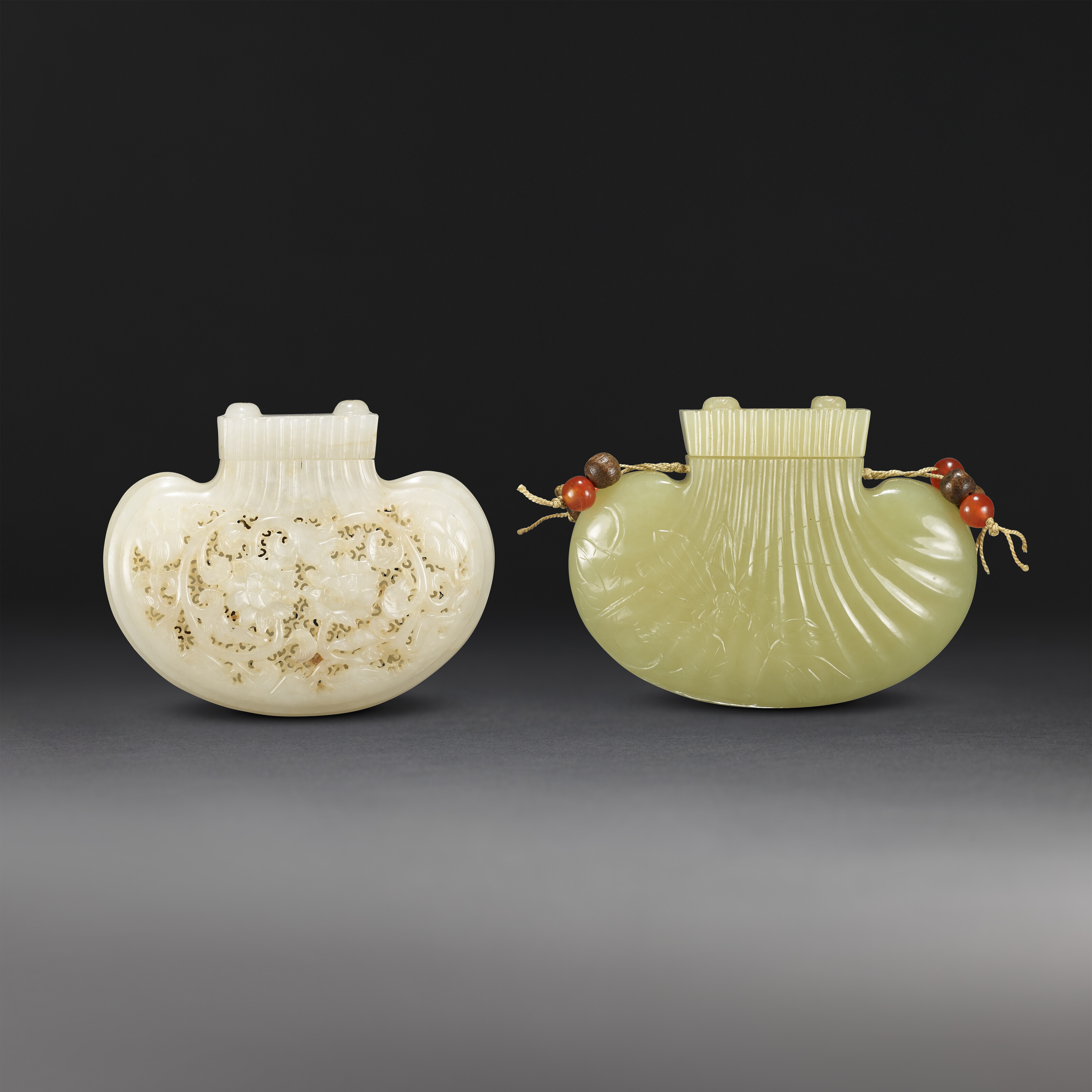 A yellow jade inscribed pomander and cover and a white jade openwork Lotus pomander and cover, Qing dynasty, Yellow jade parfumier, offered in Pavilion Online - Chinese Art