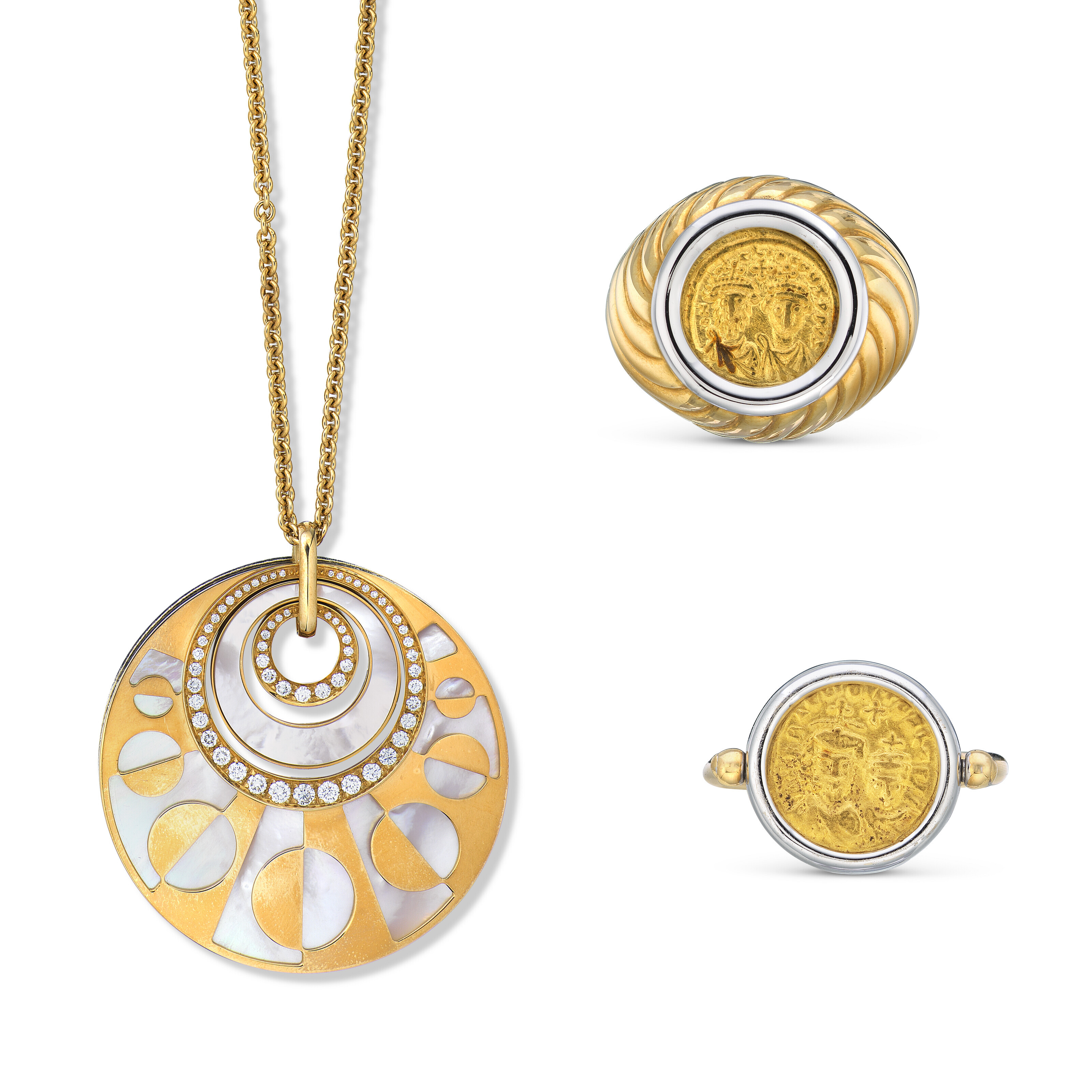 NO RESERVE BULGARI GROUP OF DIAMOND AND MOTHER OF PEARL INTARSIO PENDENT NECKLACE AND TWO MONETE RINGS Christie s