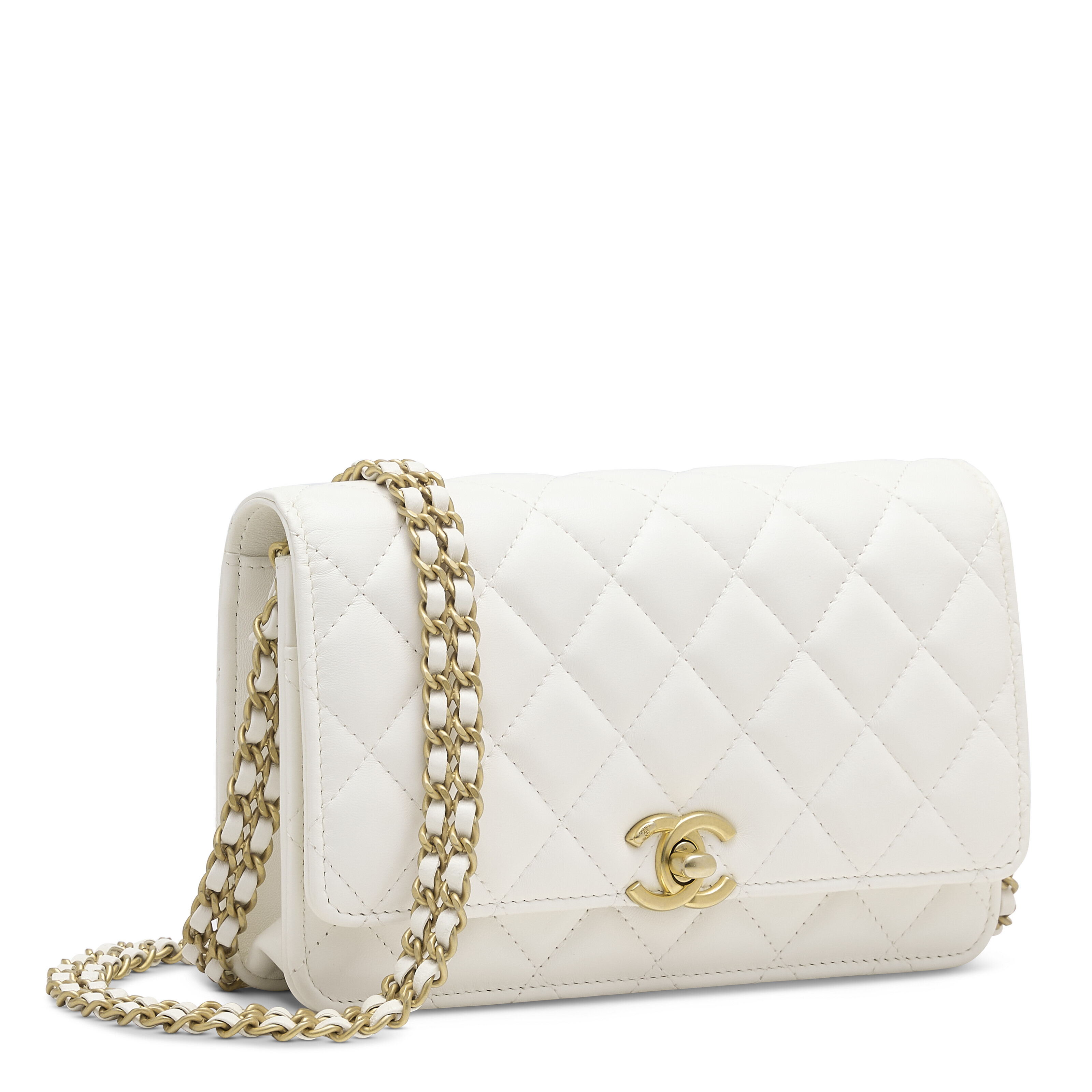 A SHINY WHITE CALFSKIN LEATHER WALLET ON CHAIN WITH GOLD HARDWARE