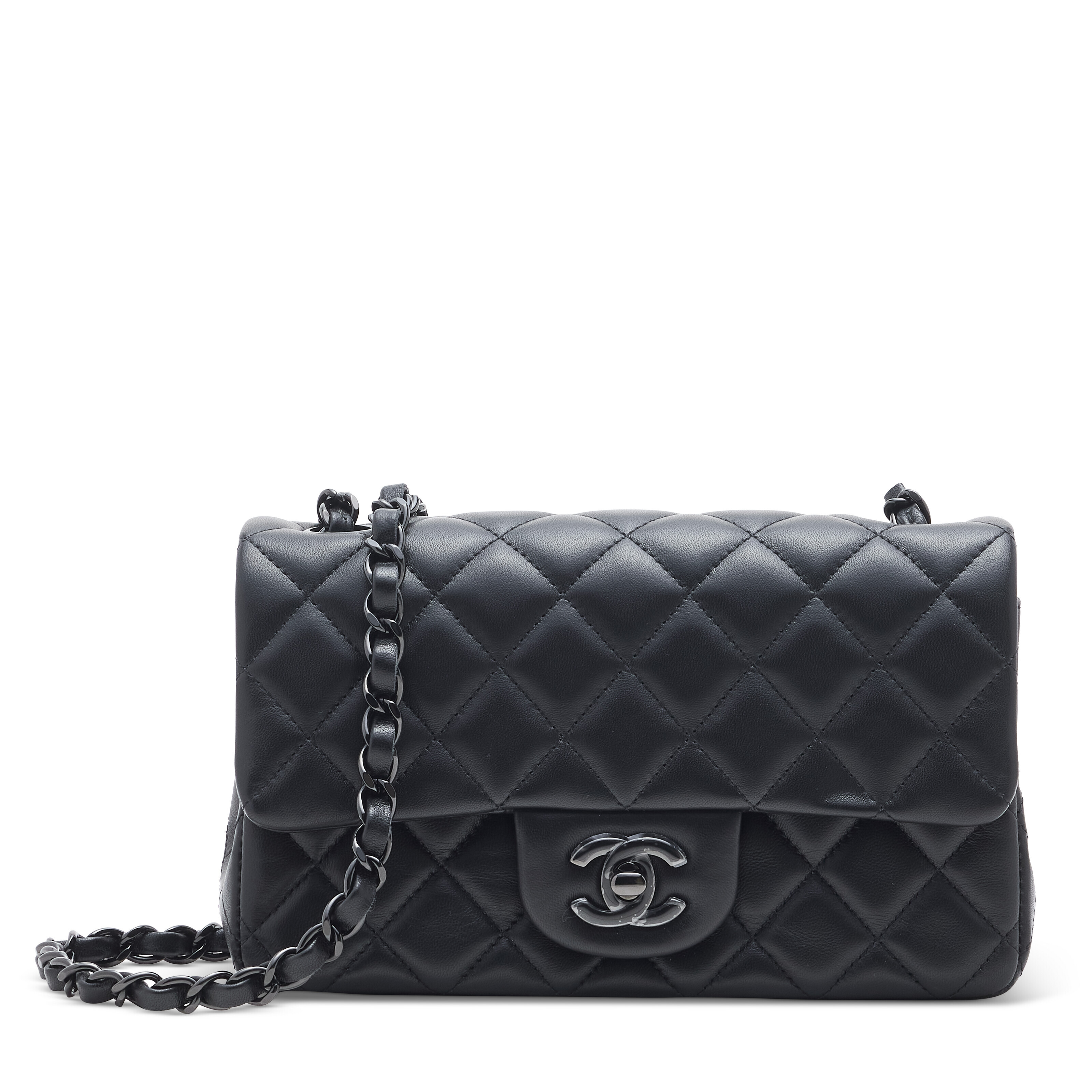 A BLACK QUILTED CALFSKIN LEATHER MINI CLASSIC FLAP BAG WITH BLACK