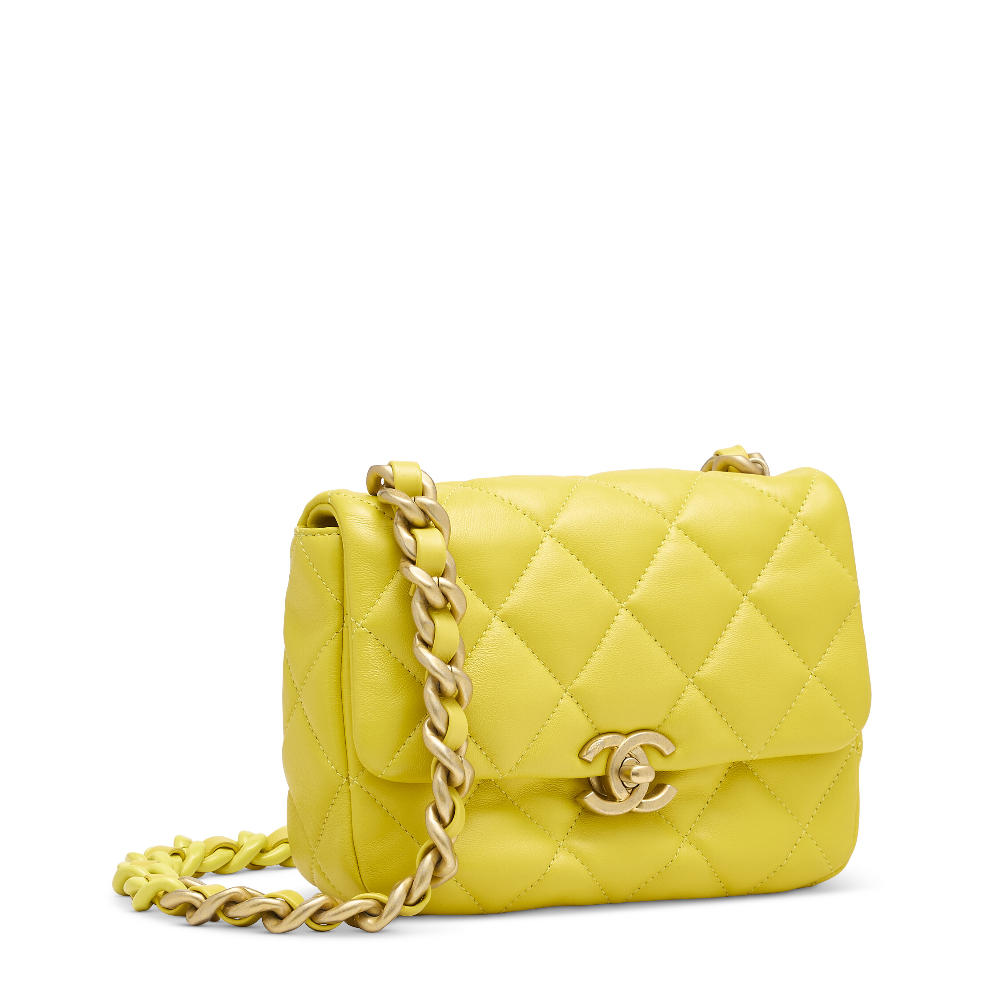A YELLOW LAMBSKIN SMALL FLAP BAG WITH BRUSHED GOLD HARDWARE