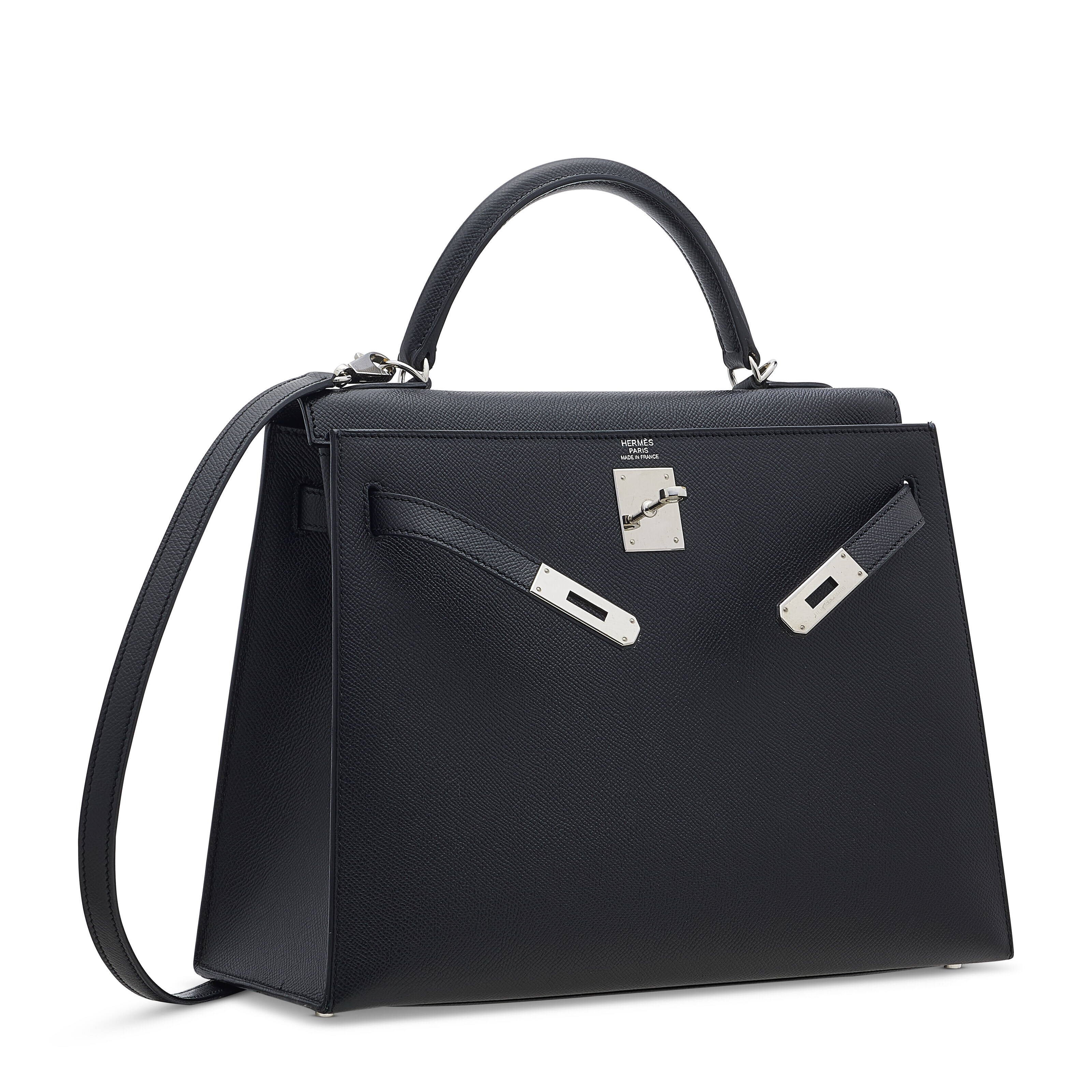 A BLACK EPSOM LEATHER SELLIER KELLY 32 WITH PALLADIUM HARDWARE