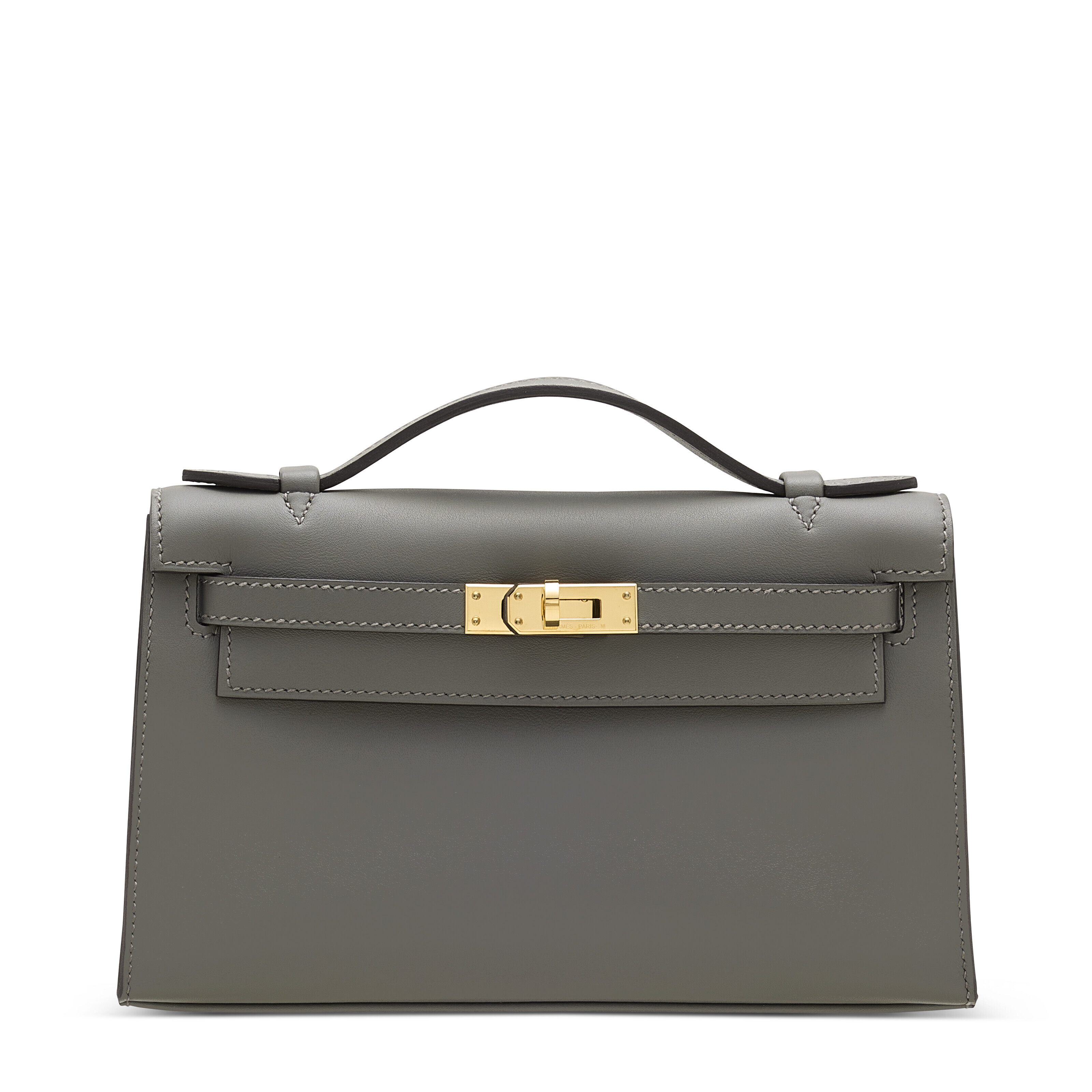 A GRIS MEYER SWIFT LEATHER KELLY POCHETTE WITH GOLD HARDWARE