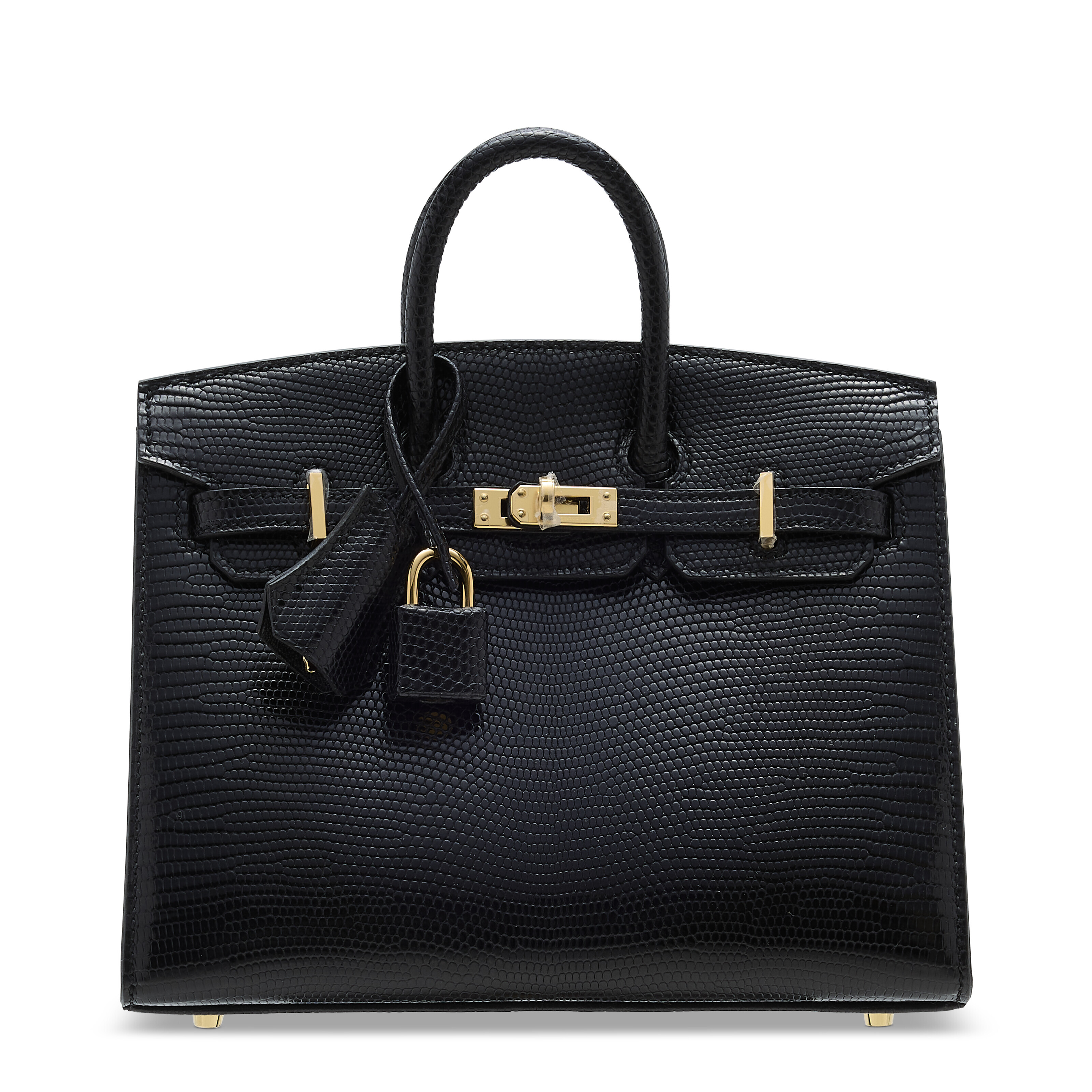 A RARE SHINY BLACK NILOTICUS LIZARD SELLIER BIRKIN 20 WITH GOLD