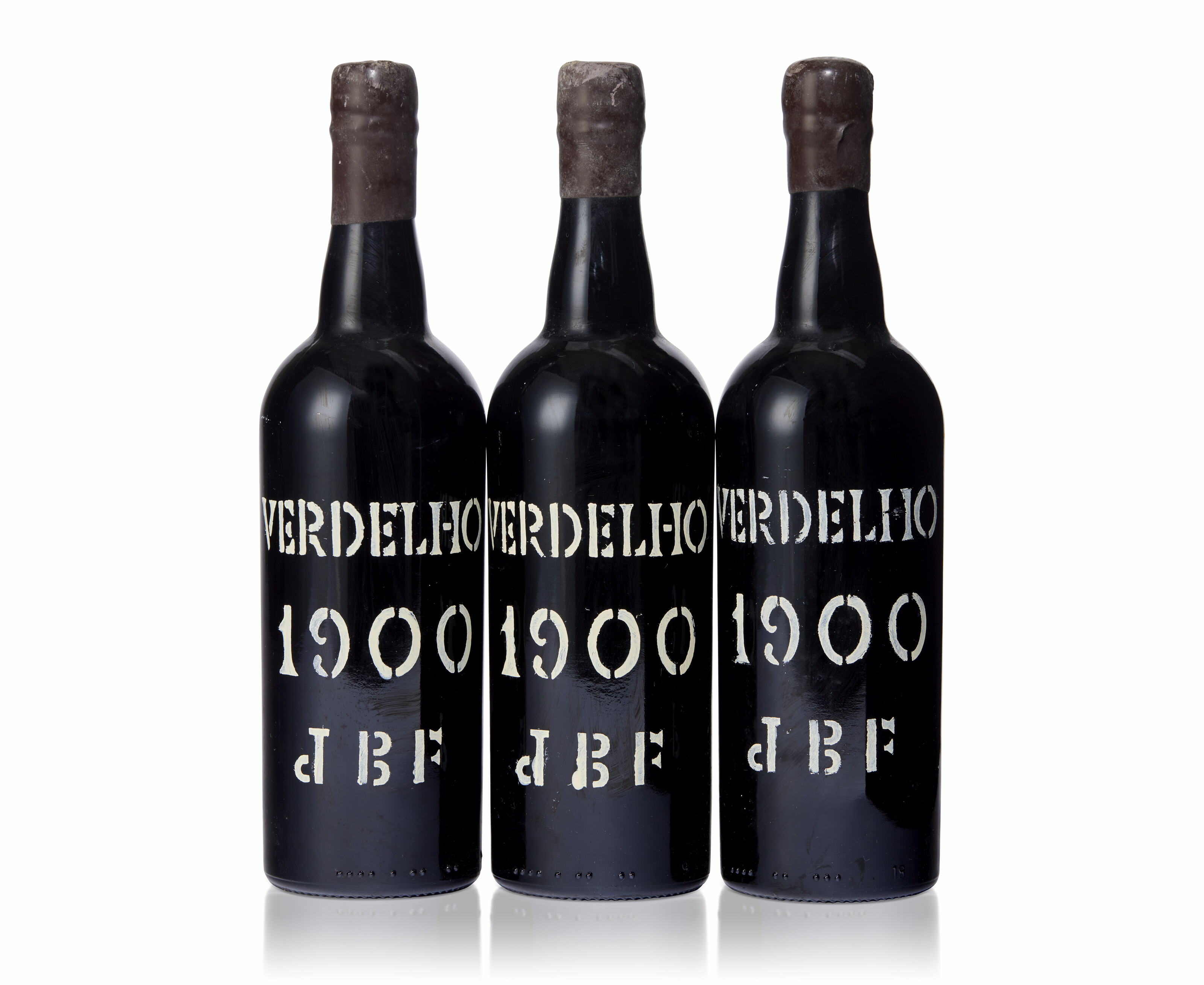 JBF, Verdelho 1900, MadeiraWax capsulesStenciled bottlesLevels base of ...