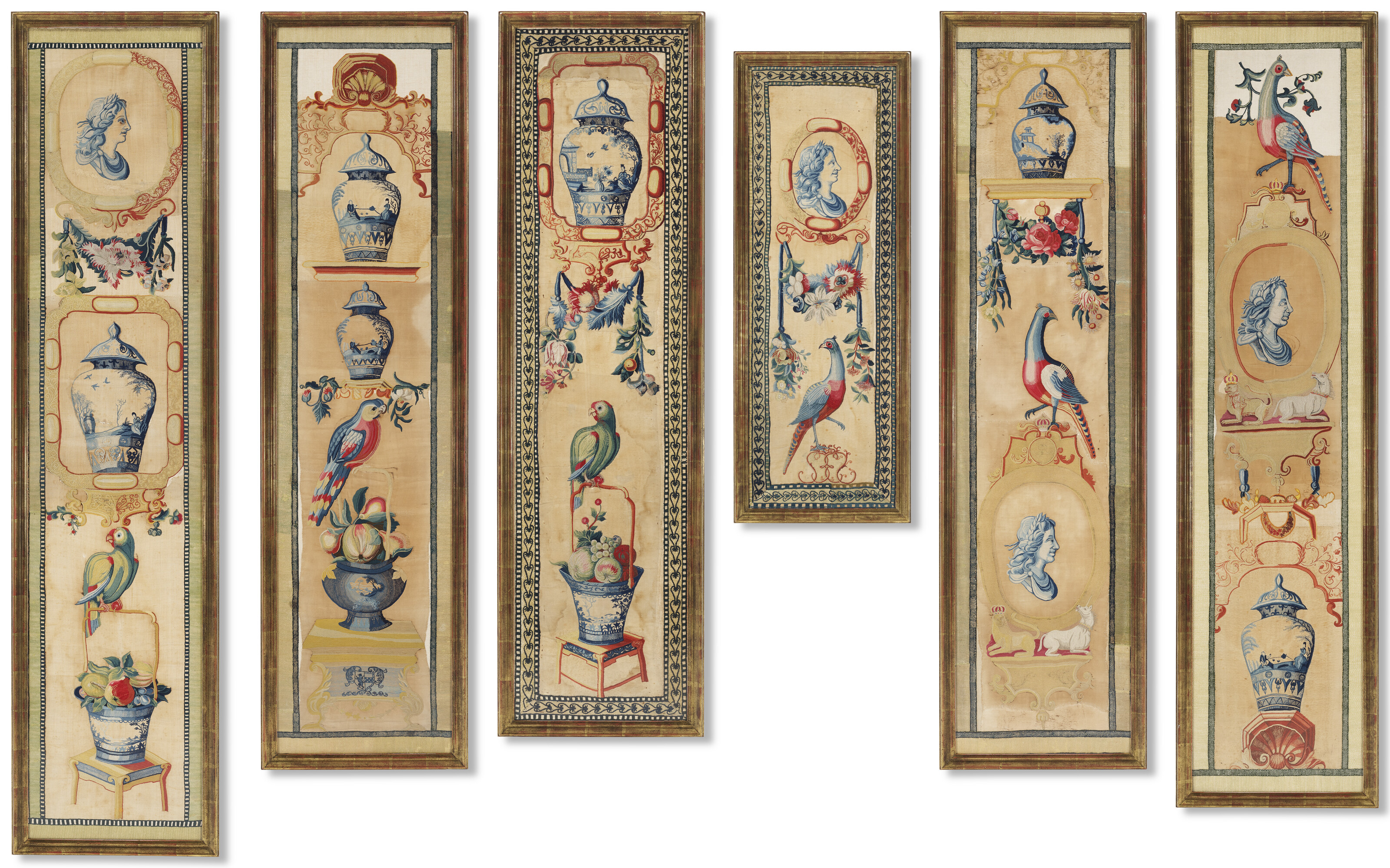 A SET OF SIX GEORGE I NEEDLEWORK PANELS, CIRCA 1721-1724 | Christie’s
