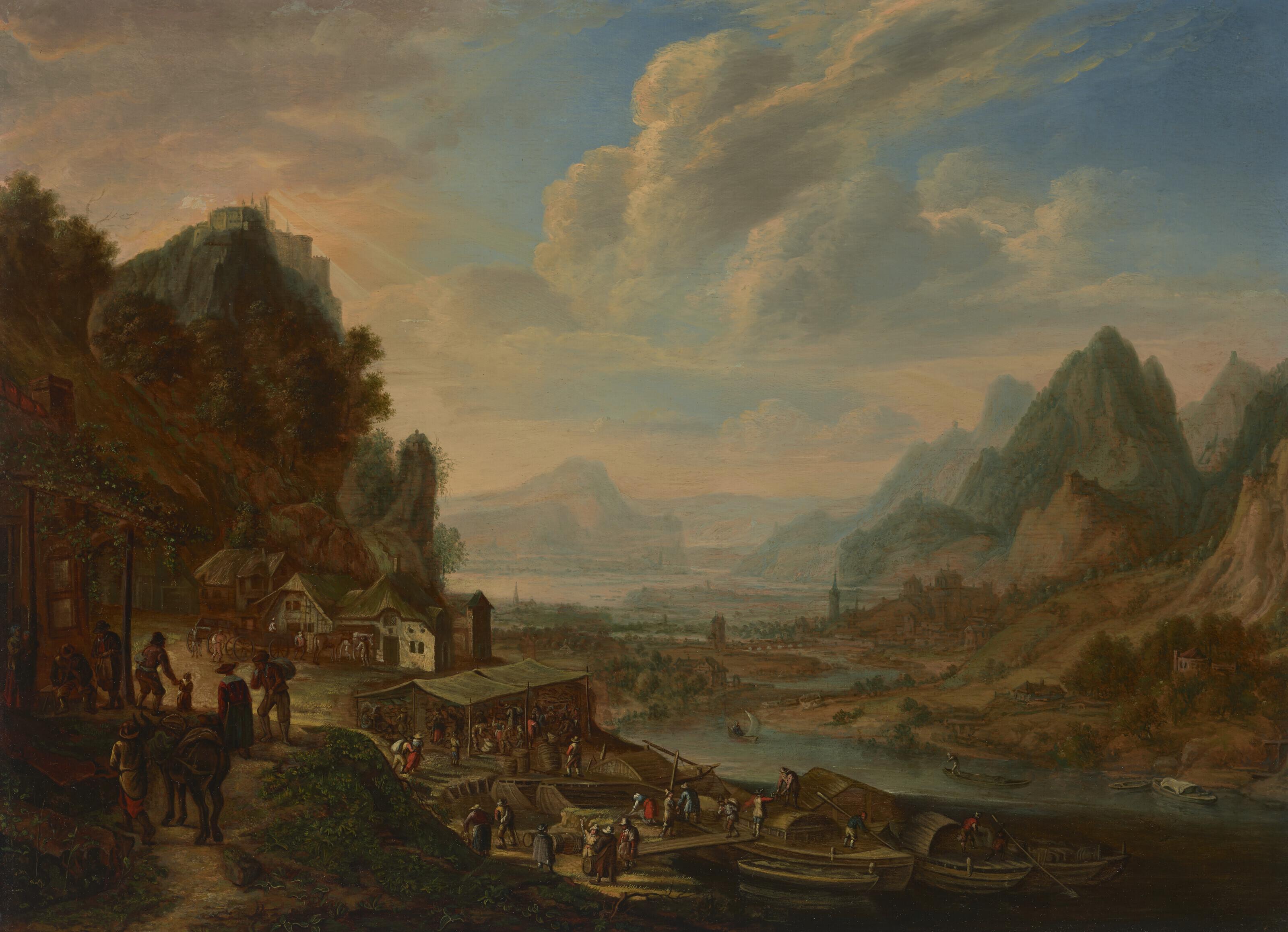 Catalog image of An extensive river landscape with a port and mountains and a castle beyond