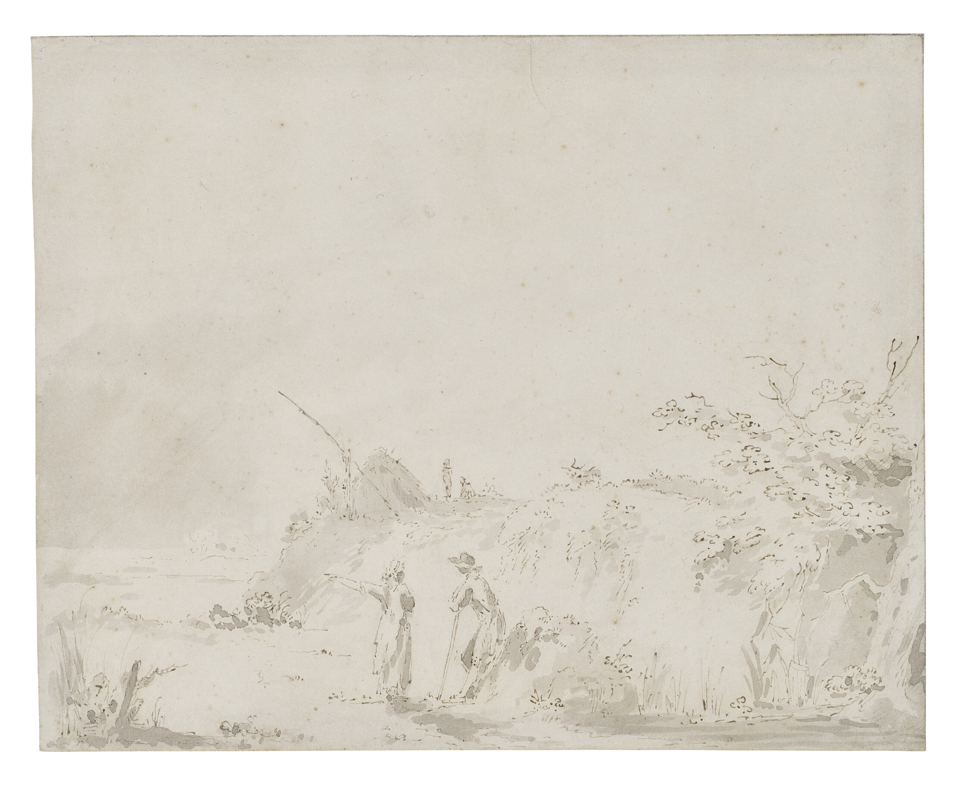 Figures conversing on a country road
