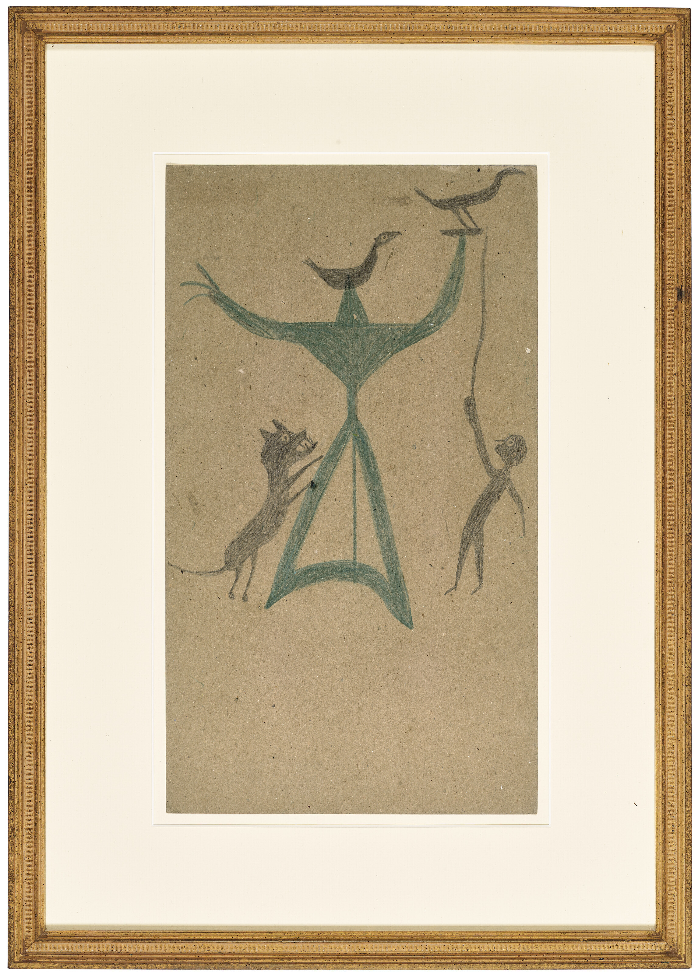 BILL TRAYLOR (CIRCA 1853-1949), UNTITLED (BIRDS, DOG AND MAN