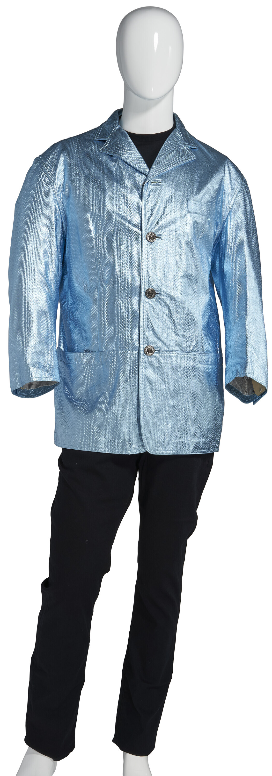 A METALLIC SKY BLUE LEATHER JACKET, GIANNI VERSACE, CIRCA 1996