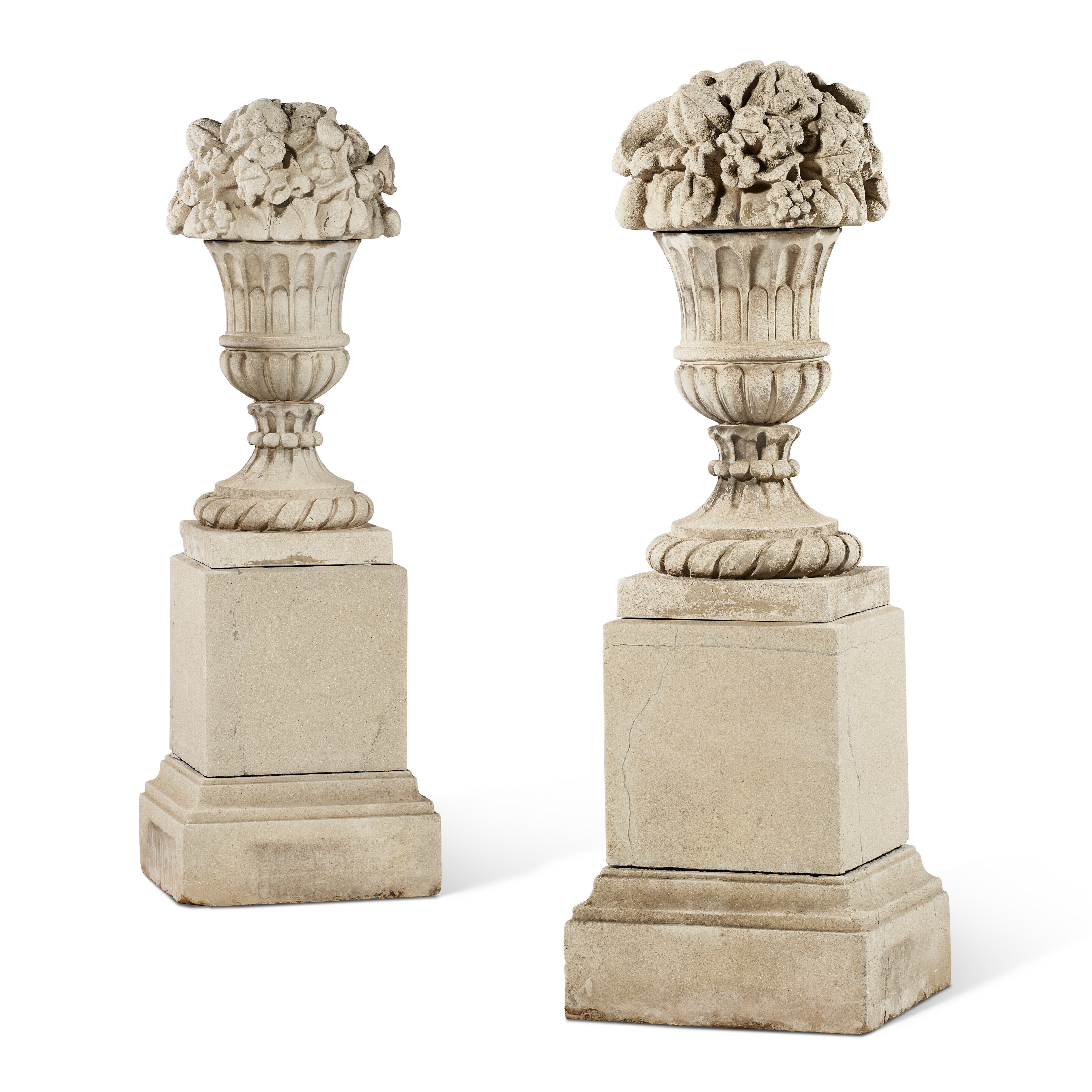 A PAIR OF COMPOSITION FRUITING CAMPANA URNS ON PEDESTALS, 20TH CENTURY ...