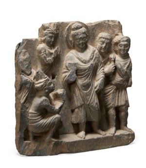 A GRAY SCHIST RELIEF OF BUDDHA PREACHING, ANCIENT REGION OF GANDHARA ...