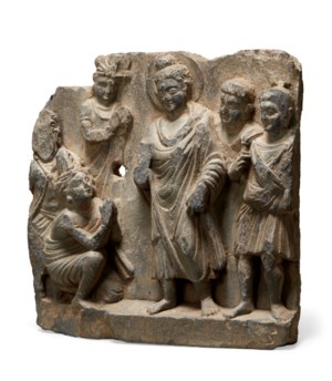 A GRAY SCHIST RELIEF OF BUDDHA PREACHING, ANCIENT REGION OF GANDHARA ...