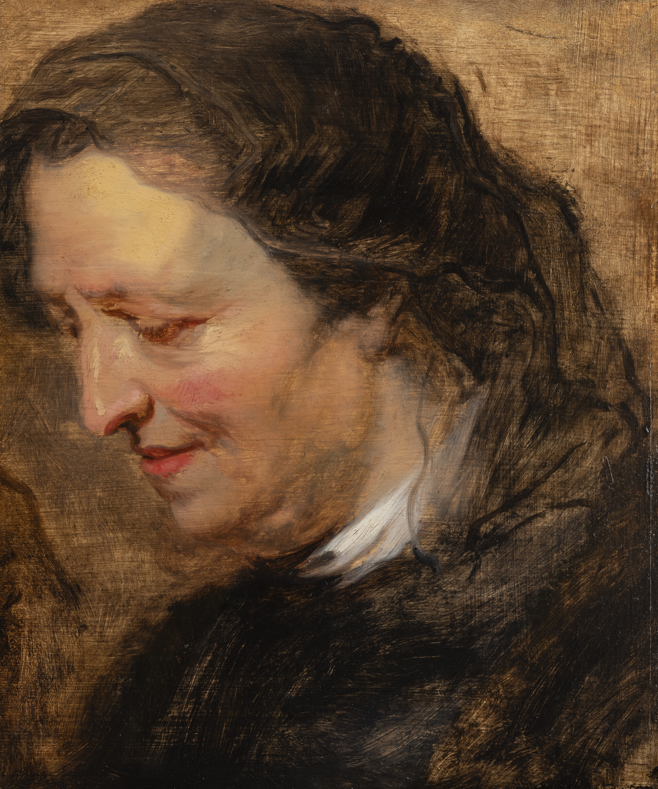 Head study of an old woman with a veil, formerly identified as Maria Pypelinckx, the artist's mother, looking down in profile to the left