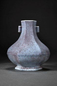 A VERY RARE JUN-TYPE FACETED HU-FORM VASE, YONGZHENG SIX-CHARACTER ...