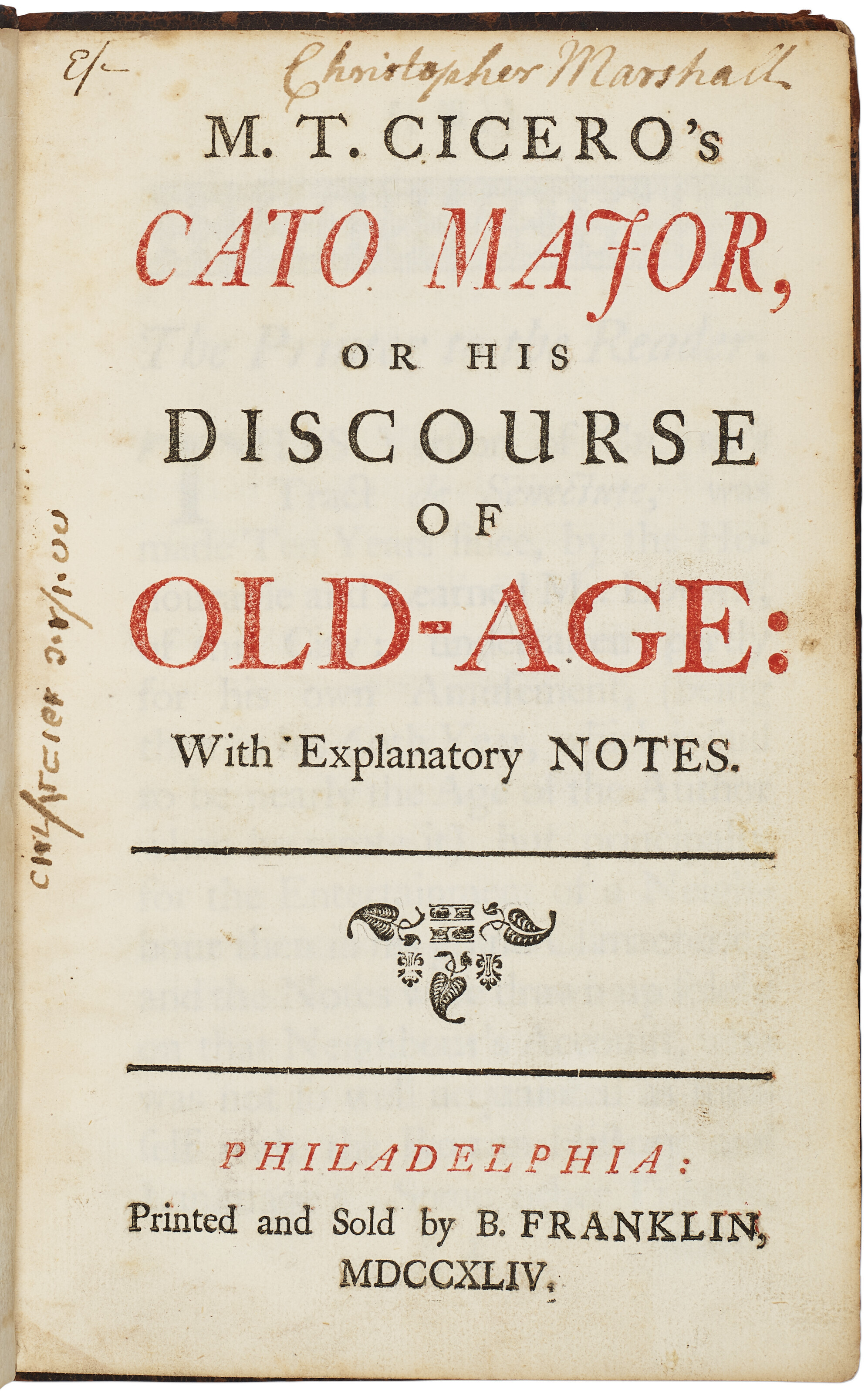 Cicero's Cato Major, Printed by Ben Franklin, 1744 Christie’s