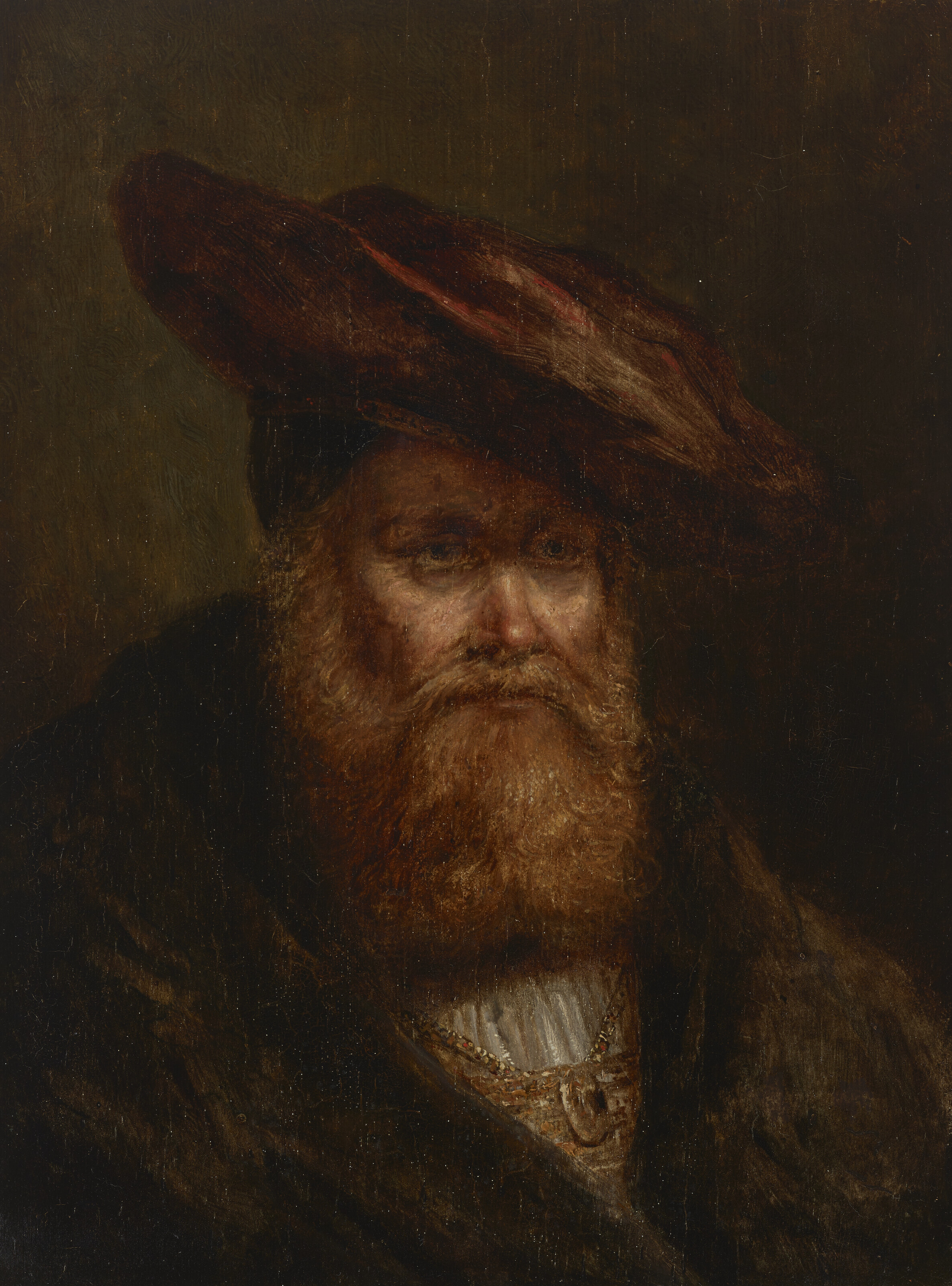Head study of a man, wearing a fur coat and red cap