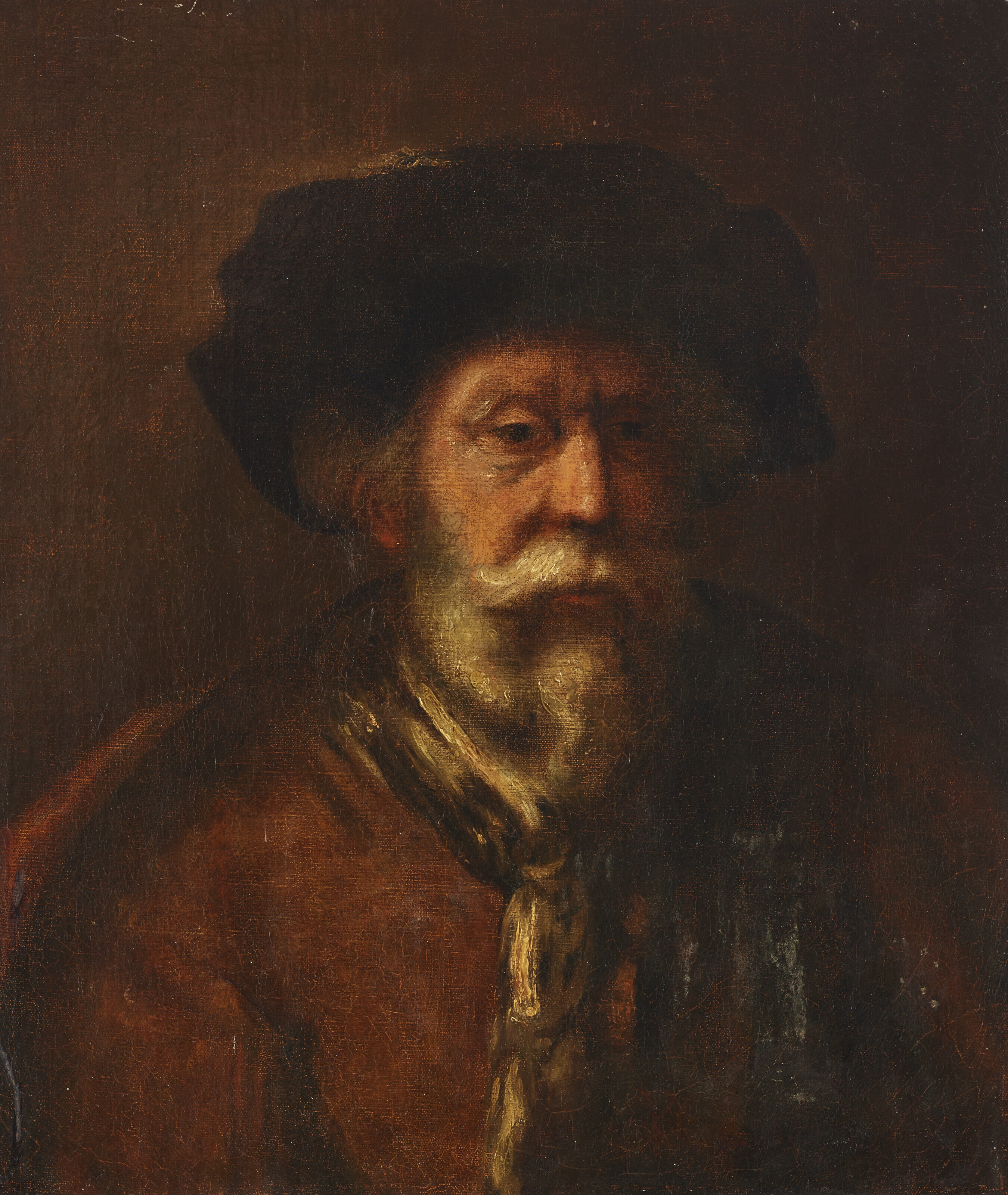 Portrait of an old man, bust-length, in a black hat