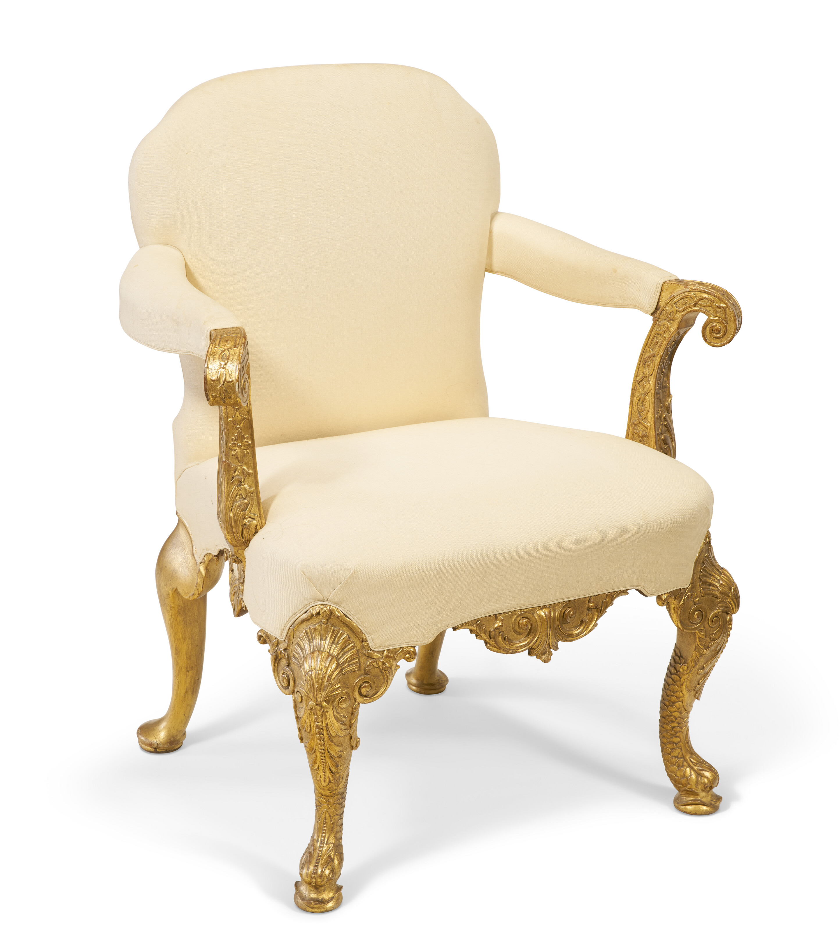 AN EARLY GEORGE II GILTWOOD ARMCHAIR, IN THE MANNER OF WILLIAM