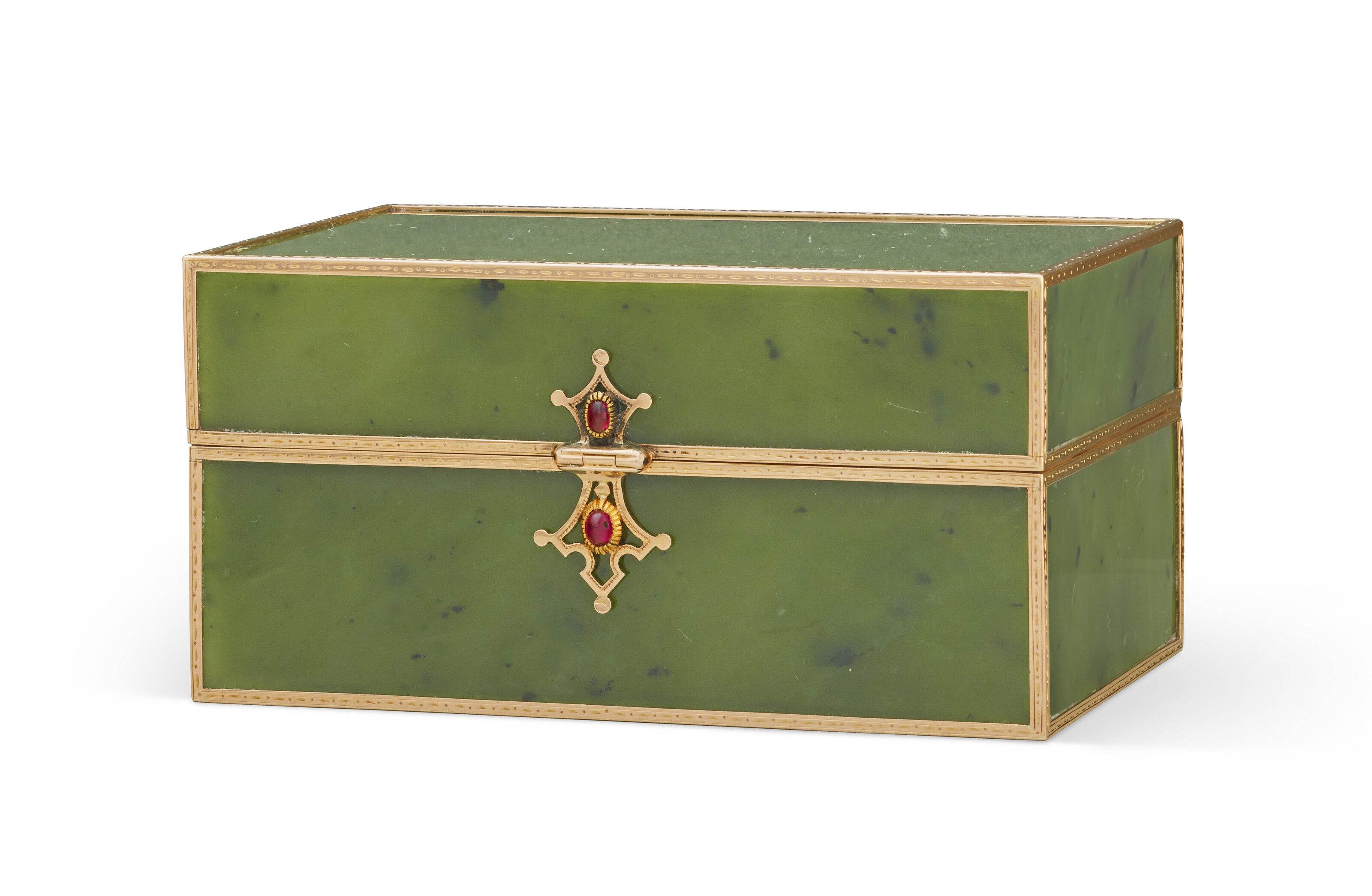 A JEWELED AND GOLD-MOUNTED NEPHRITE BOX, BY FABERGÉ, WORKMASTER