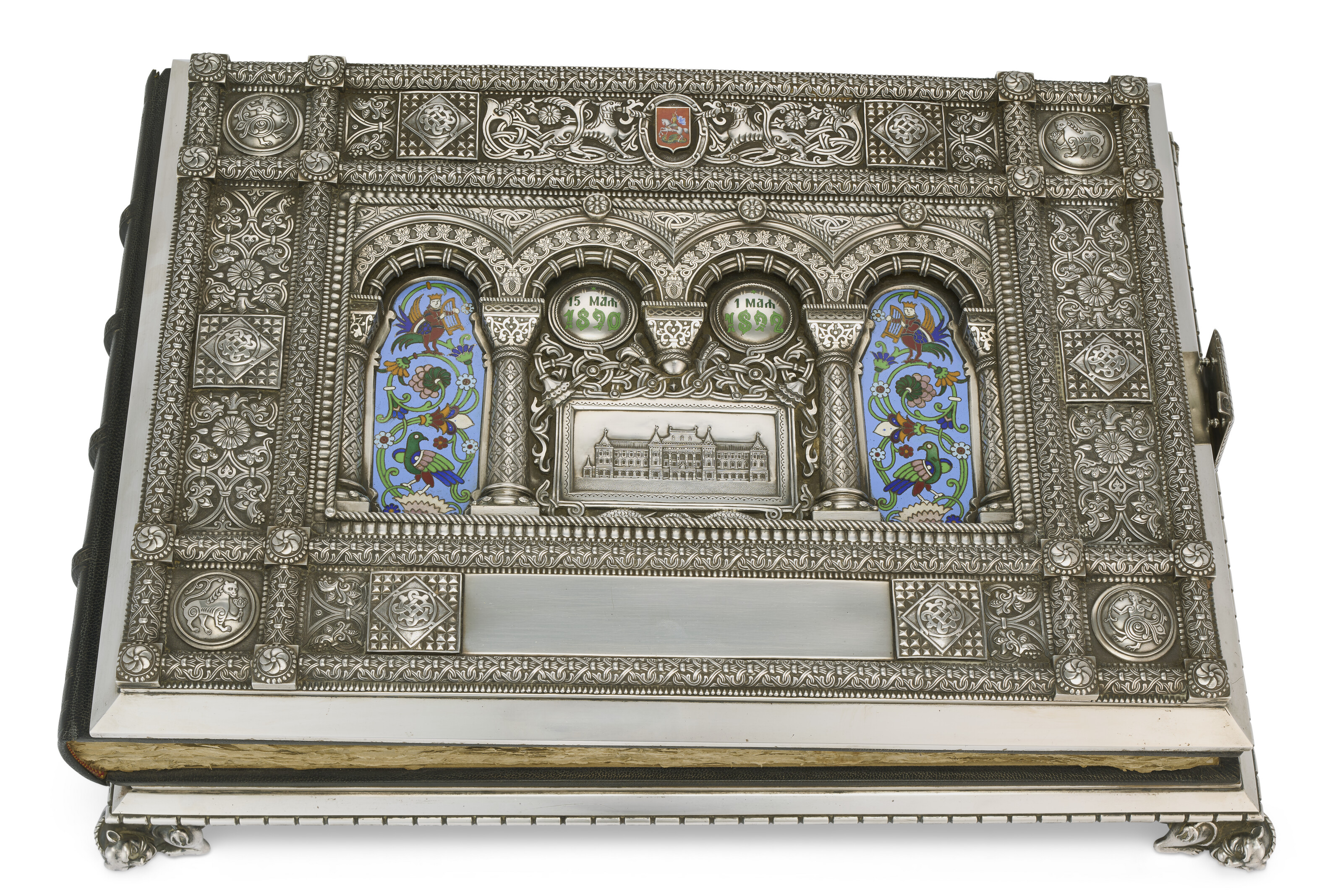 A RUSSIAN SILVER AND ENAMEL COMMEMORATIVE ALBUM, MARK OF ANTIP ...