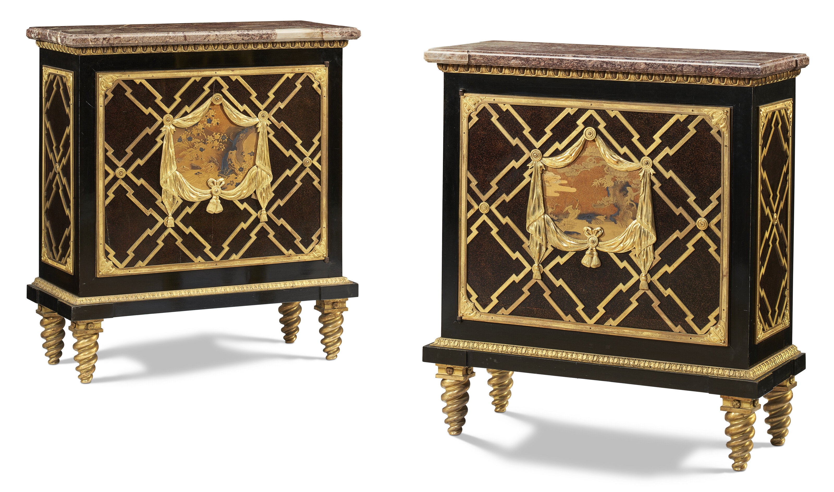 A Pair of French Ormolu Mounted Red & Gilt Japanned Side Tables