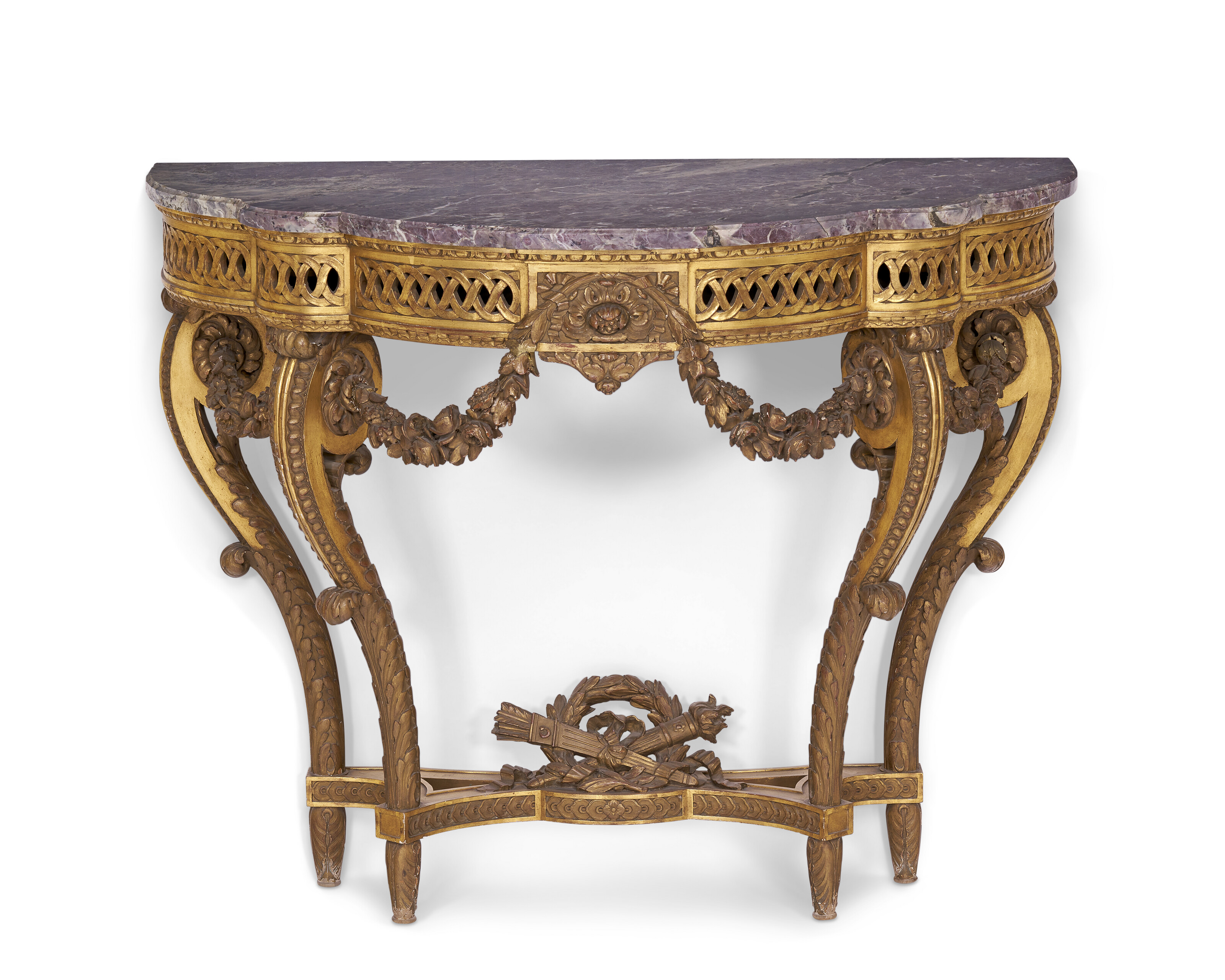 A FRENCH GILTWOOD CONSOLE TABLE WITH A GREY MARBLE TOP, EARLY 20TH