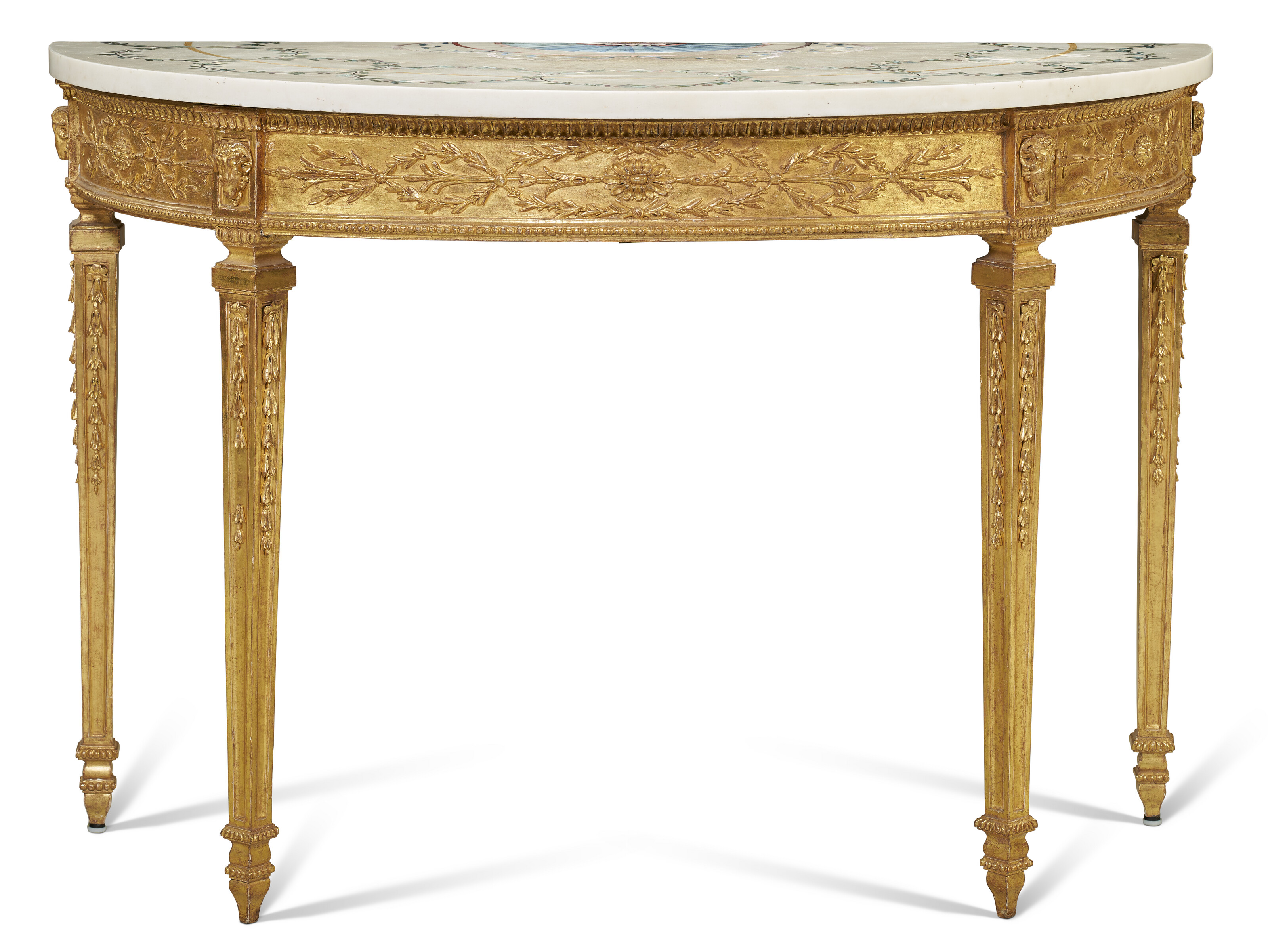 A GEORGE III GILTWOOD DEMI-LUNE SIDE TABLE WITH A SCAGLIOLA