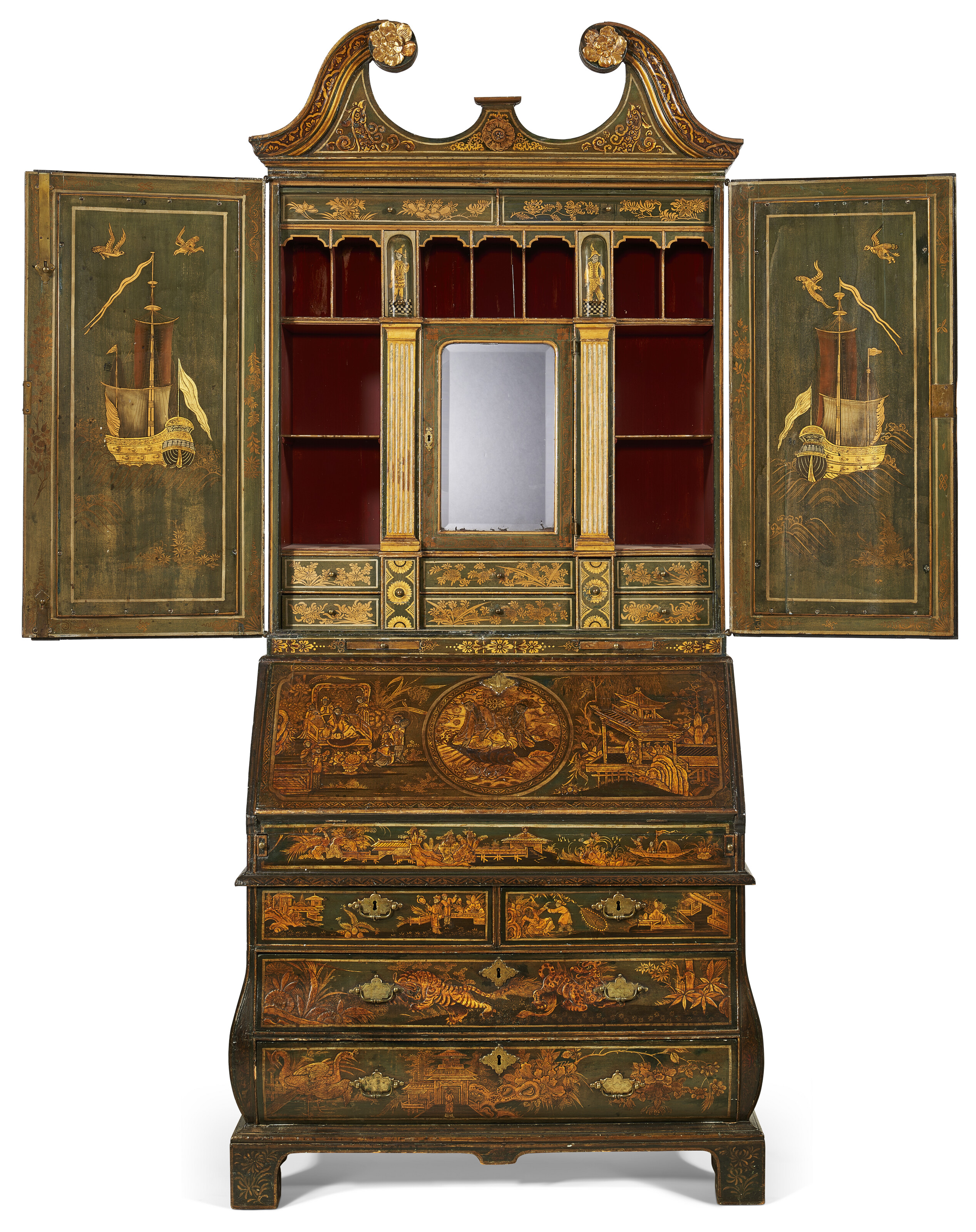 A GEORGE II GREEN AND GILT JAPANNED BUREAU-CABINET, ATTRIBUTED TO
